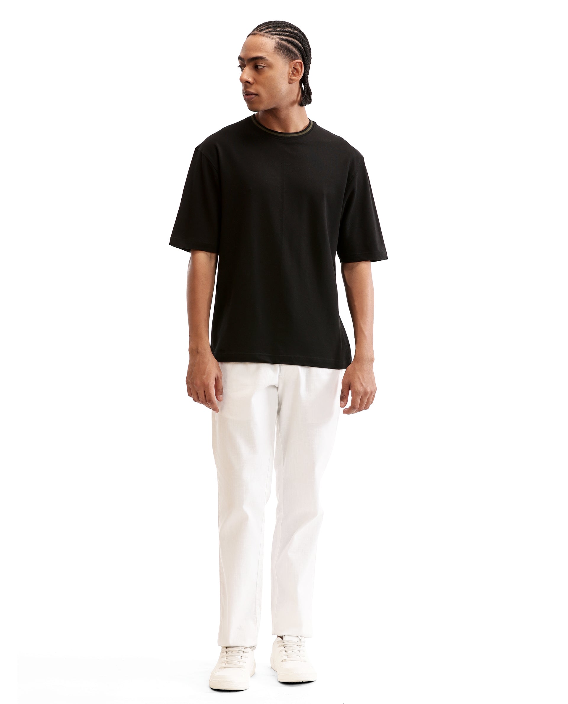 Charcoal Black Pique Crew Neck Oversized T-Shirt with Vintage Olive Piping