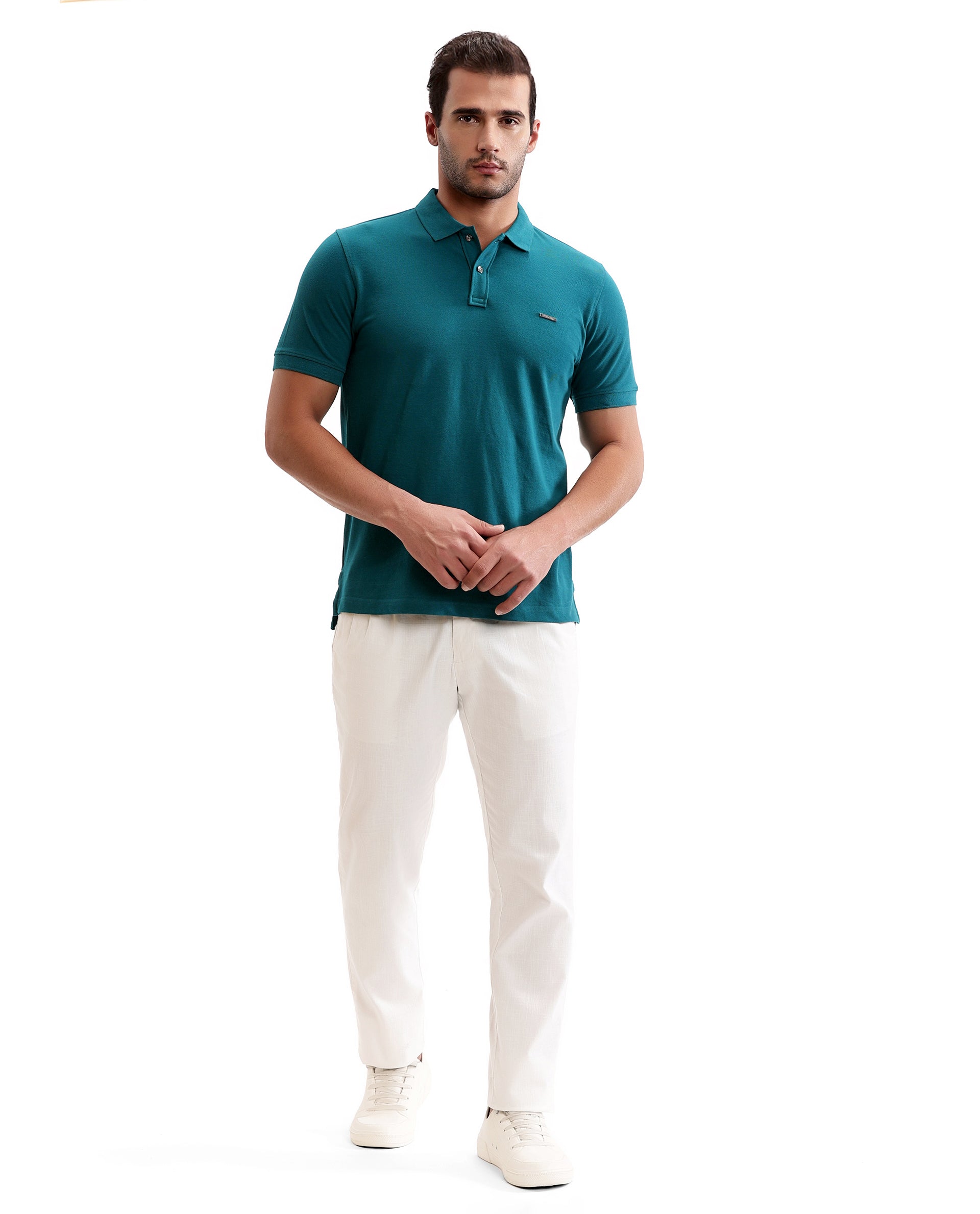 Ocean Teal Pique Polo with Metal Buttons, 7C Metal Badge