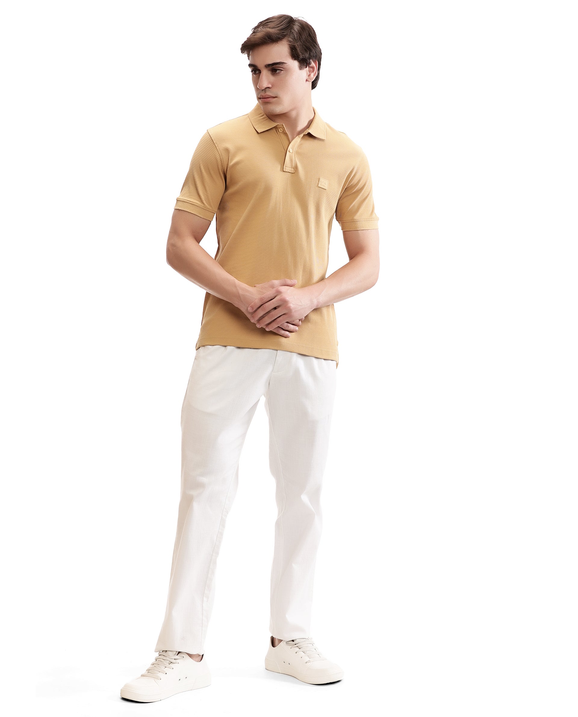 Camel Beige Knitted Waffle Polo with 7C Rubber Patch & Ribbed Collar