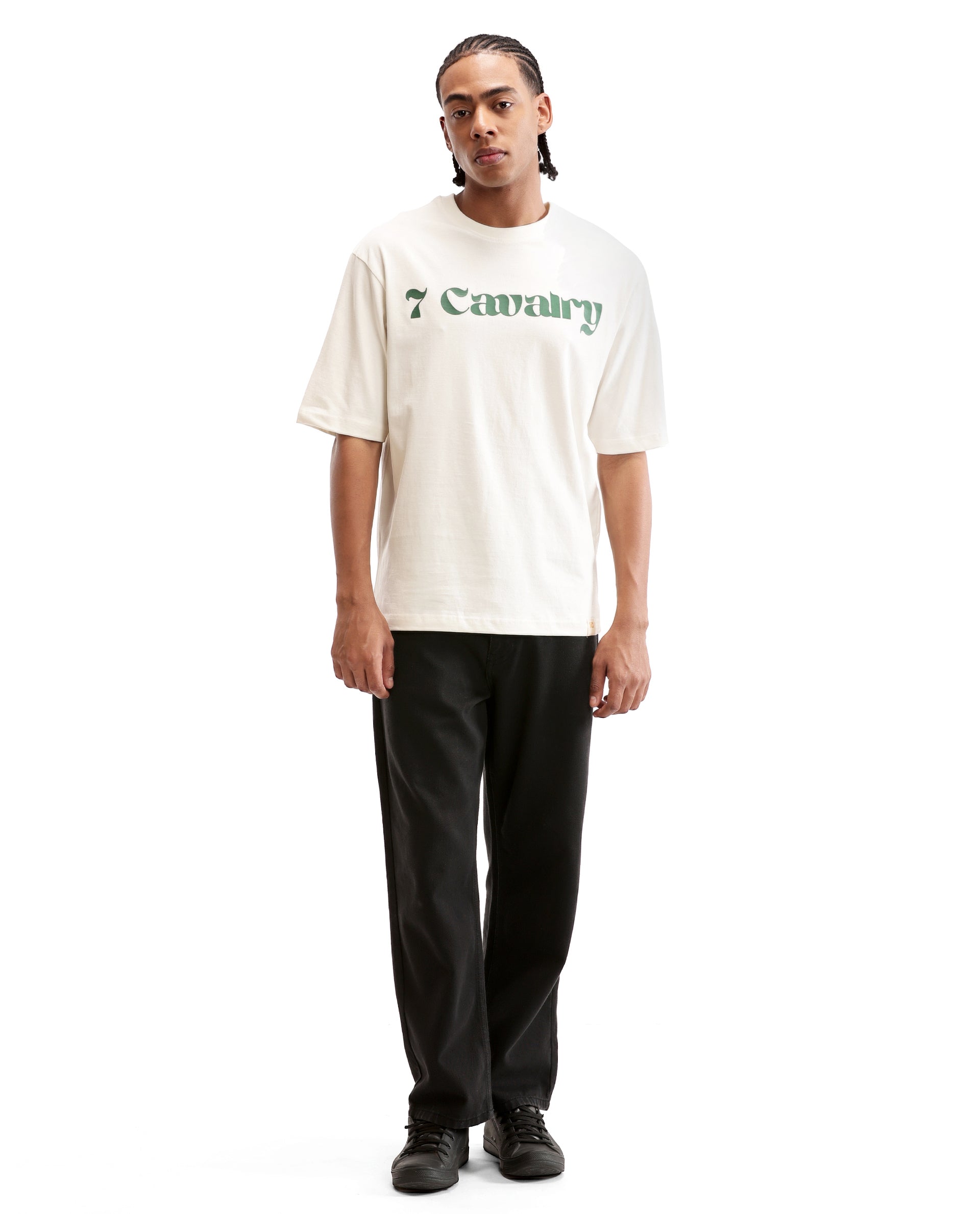 Ivory White Single Jersey Crew Neck Oversized T-Shirt with Deep Forest Green Puff Print