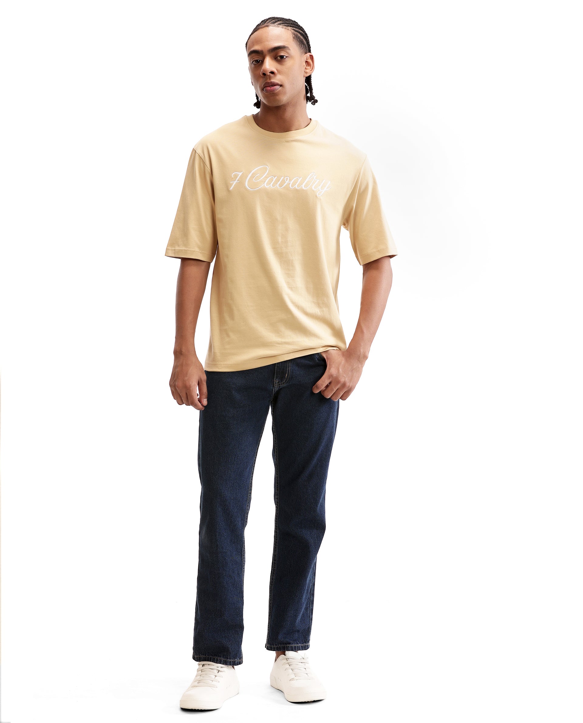 Camel Beige Single Jersey Crew Neck Oversized T-Shirt with Pure White Embroidery