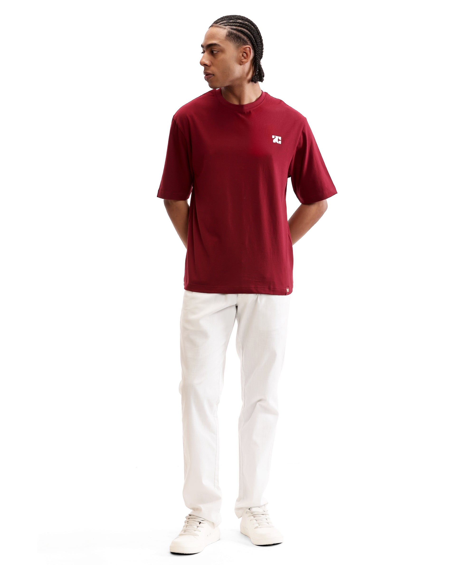 Bordeaux Maroon Single Jersey Crew Neck Oversized T-Shirt with Pure White HD Print
