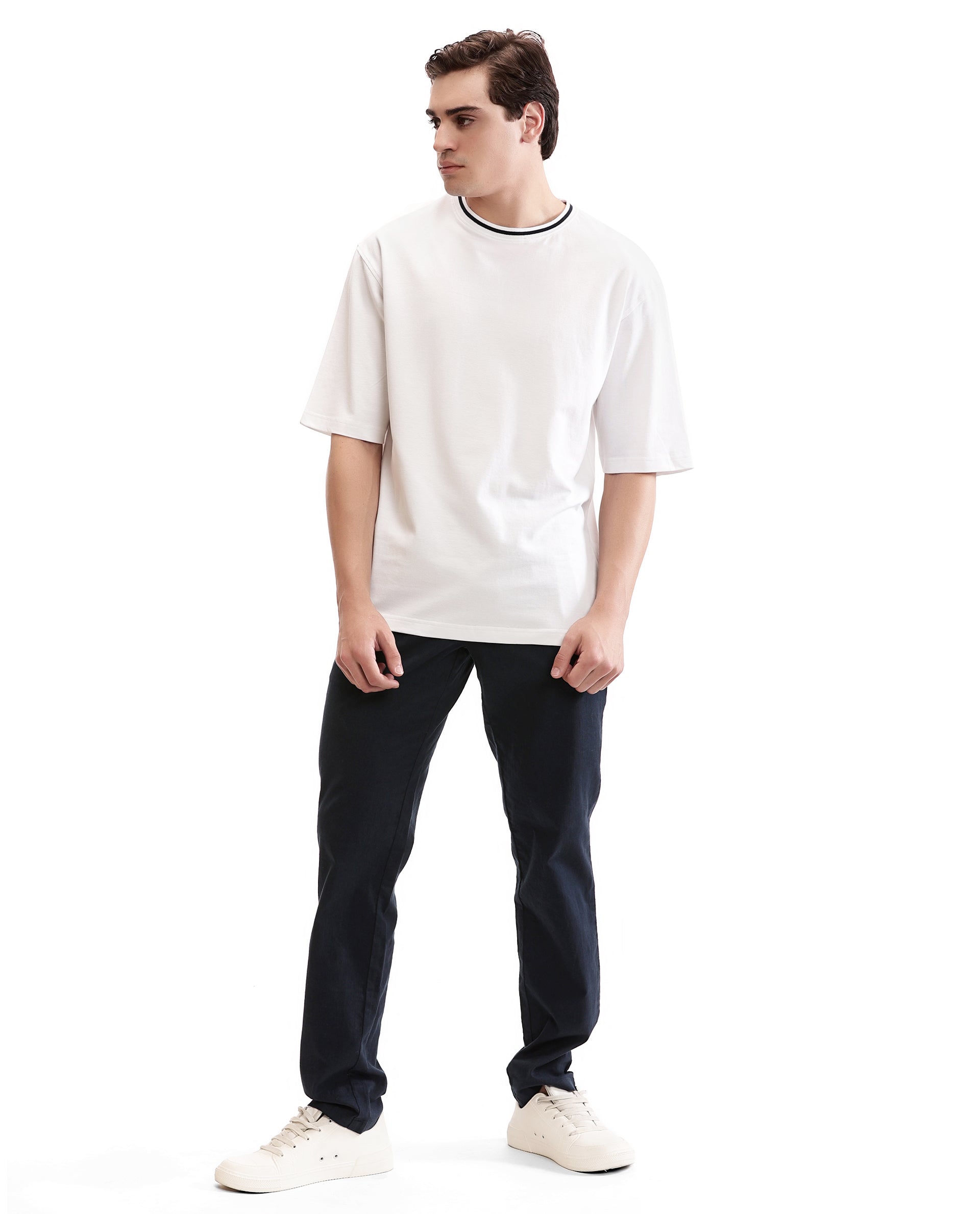 Pure White Pique Crew Neck Oversized T-Shirt with Midnight Navy Blue Piping