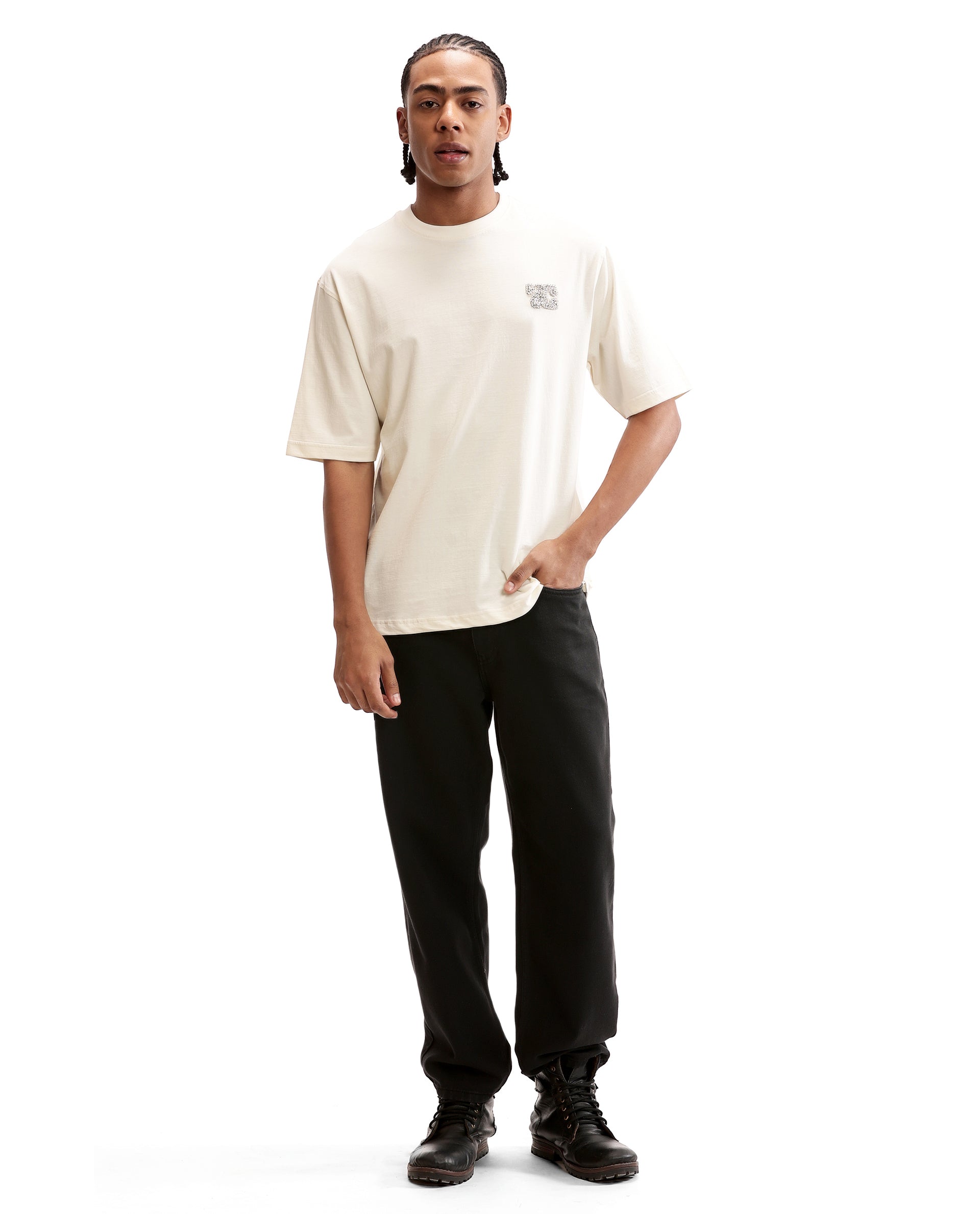 Ivory White Single Jersey Crew Neck Oversized T-Shirt with Crystal Finish Rhinestones