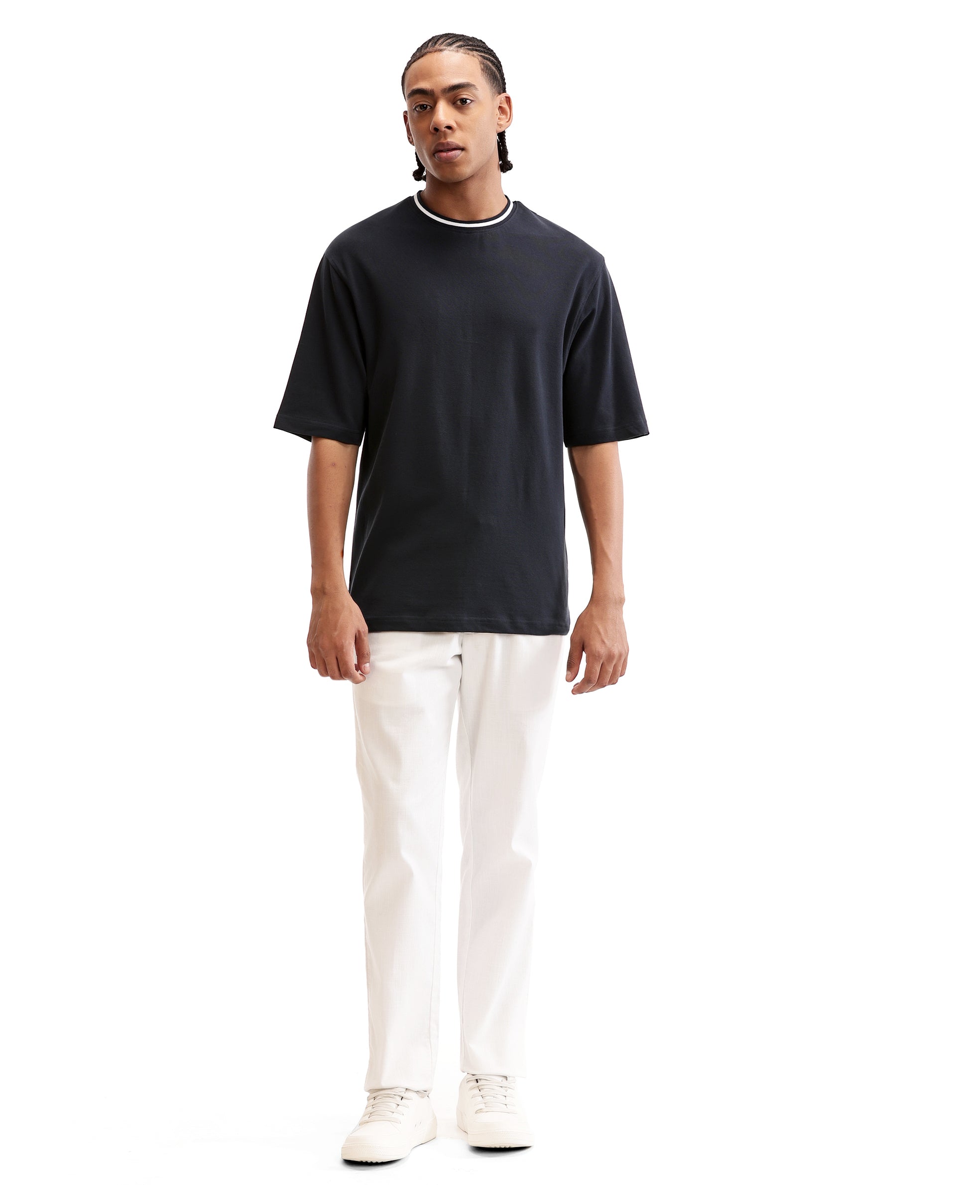 Midnight Navy Blue Pique Crew Neck Oversized T-Shirt with Pure White Piping