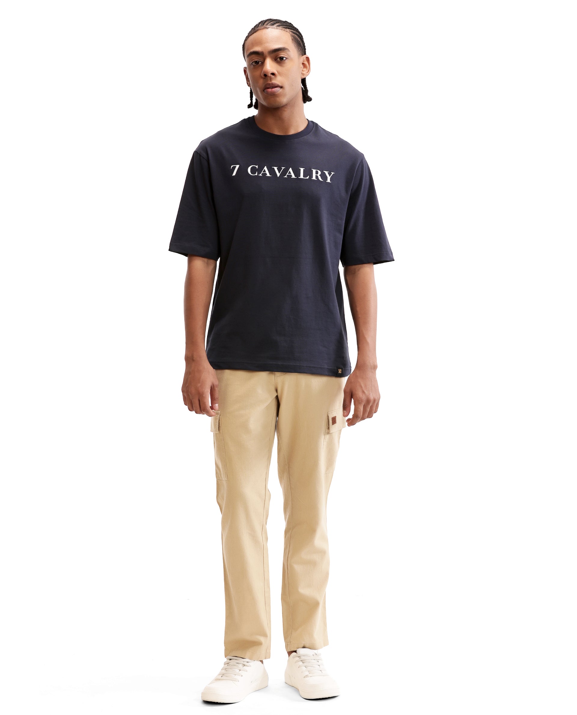 Midnight Navy Blue Single Jersey Crew Neck Oversized T-Shirt with Pure White Embroidery