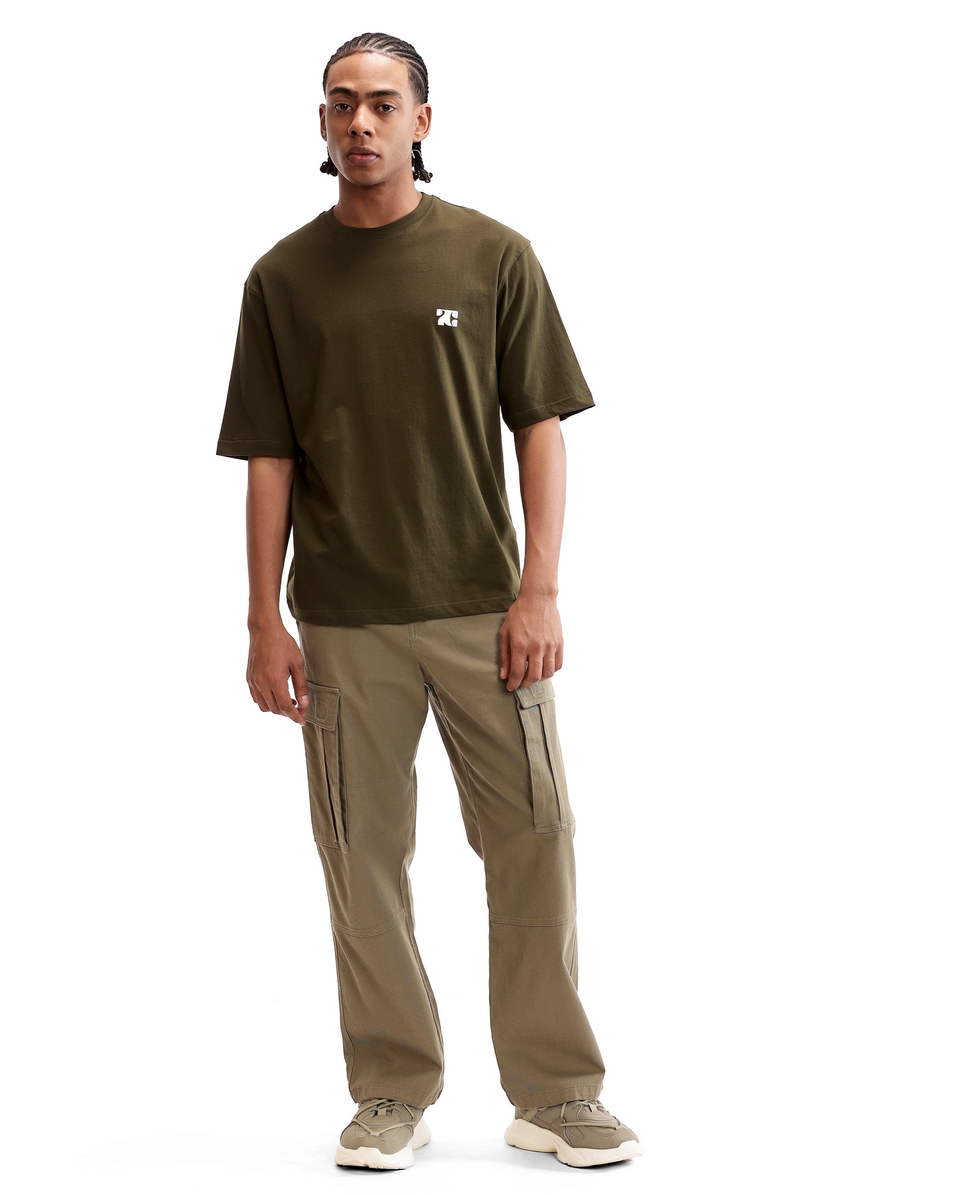 Vintage Olive Single Jersey Crew Neck Oversized T-Shirt with Pure White HD Print