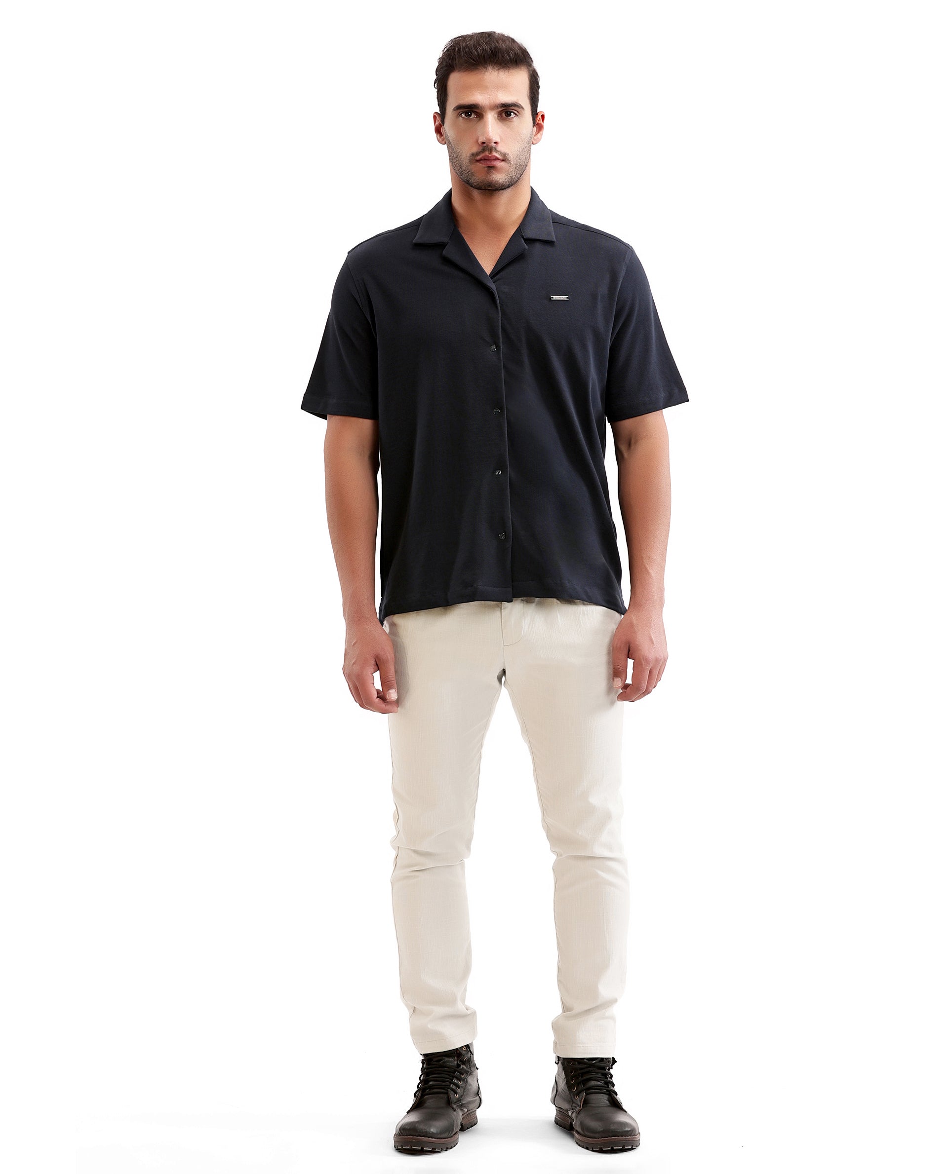 Midnight Navy Blue Pique Knit Shirt with 7C Engraved Snap Buttons, Gun Metal Badge