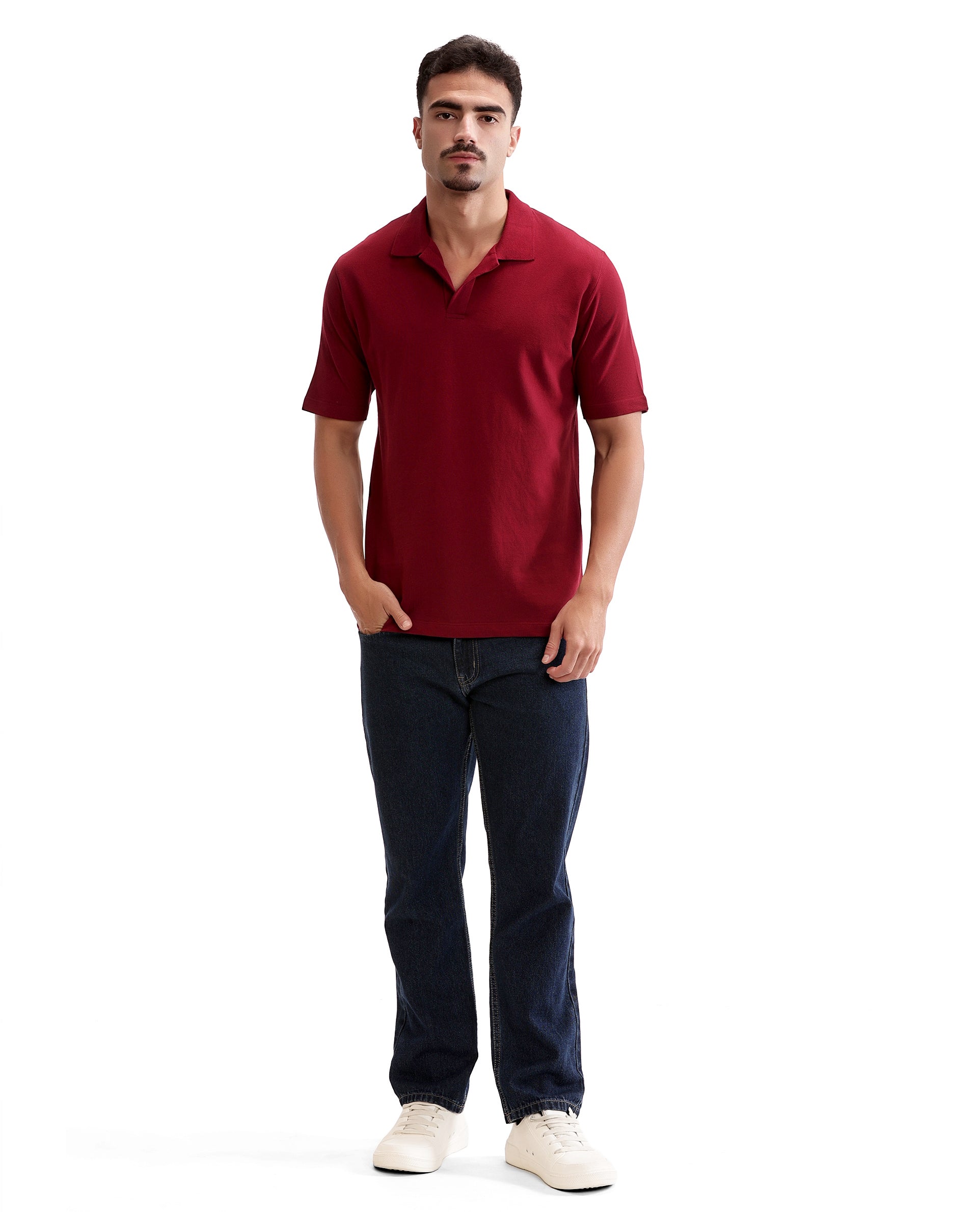 Bordeaux Maroon Pique Johnny Collar Polo