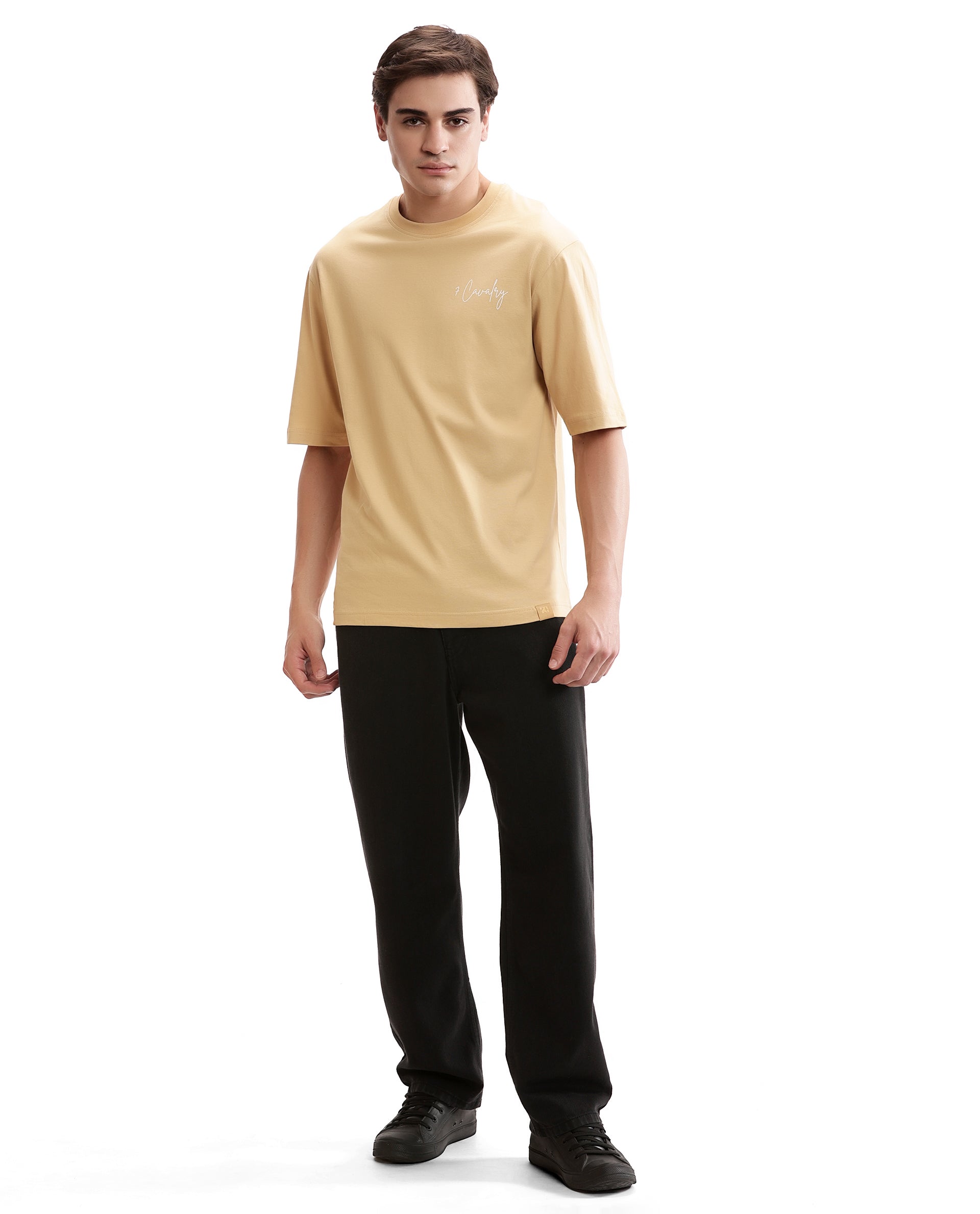 Camel Beige Single Jersey Crew Neck Oversized T-Shirt with Pure White Non-PVC Print