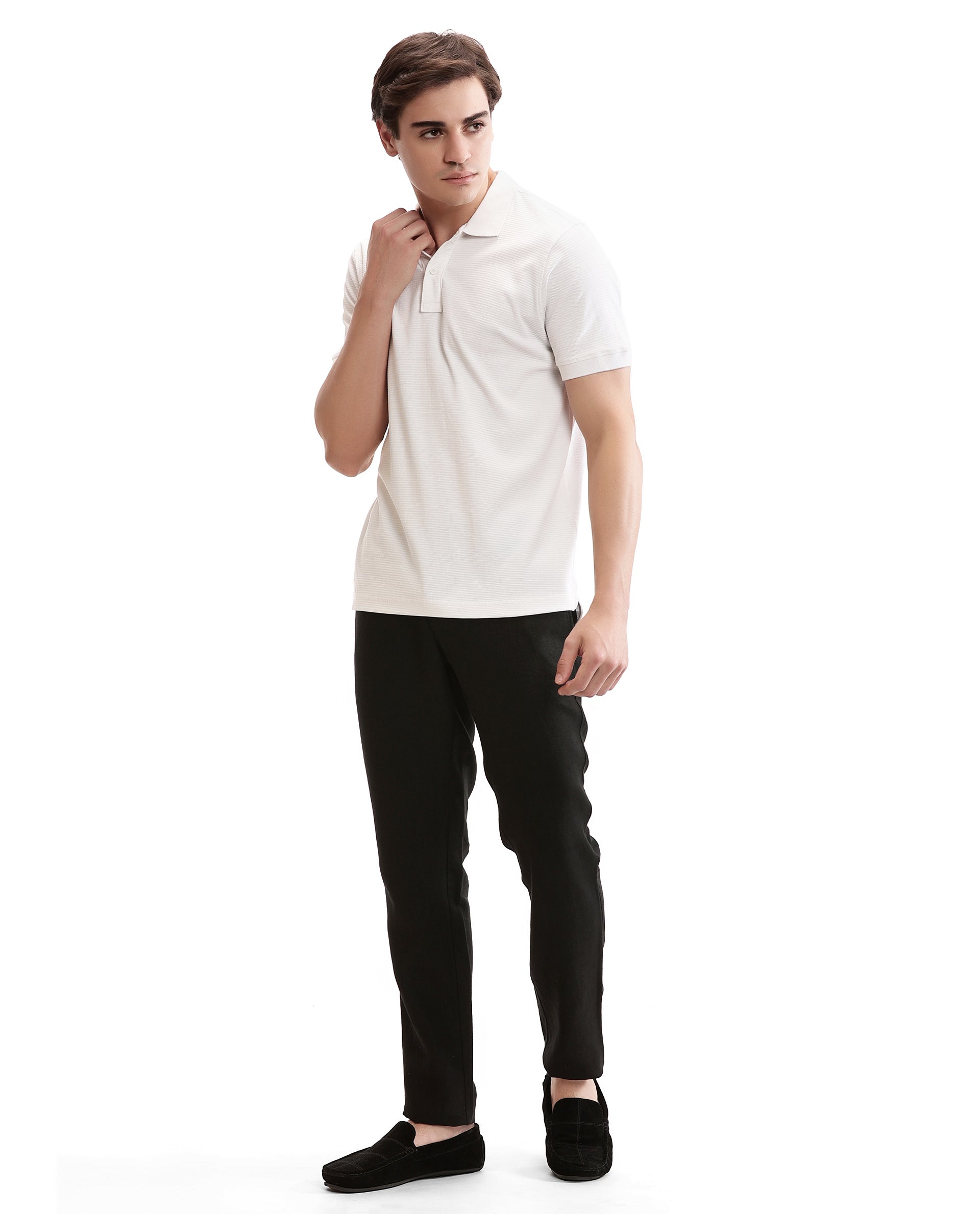 Pure White Knitted Waffle Polo with Ribbed Collar