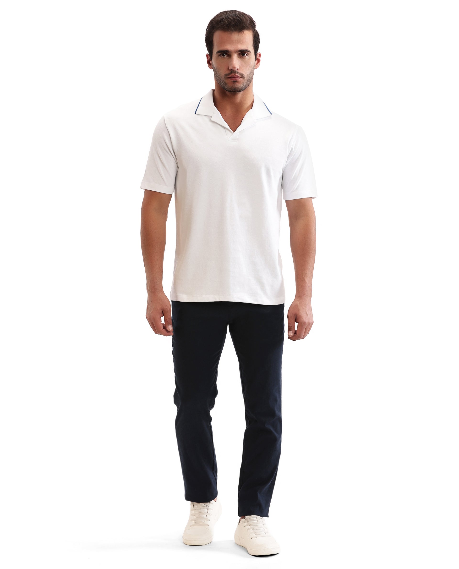 Pure White Johnny Collar Pique Polo with Prussian Blue Collar Piping