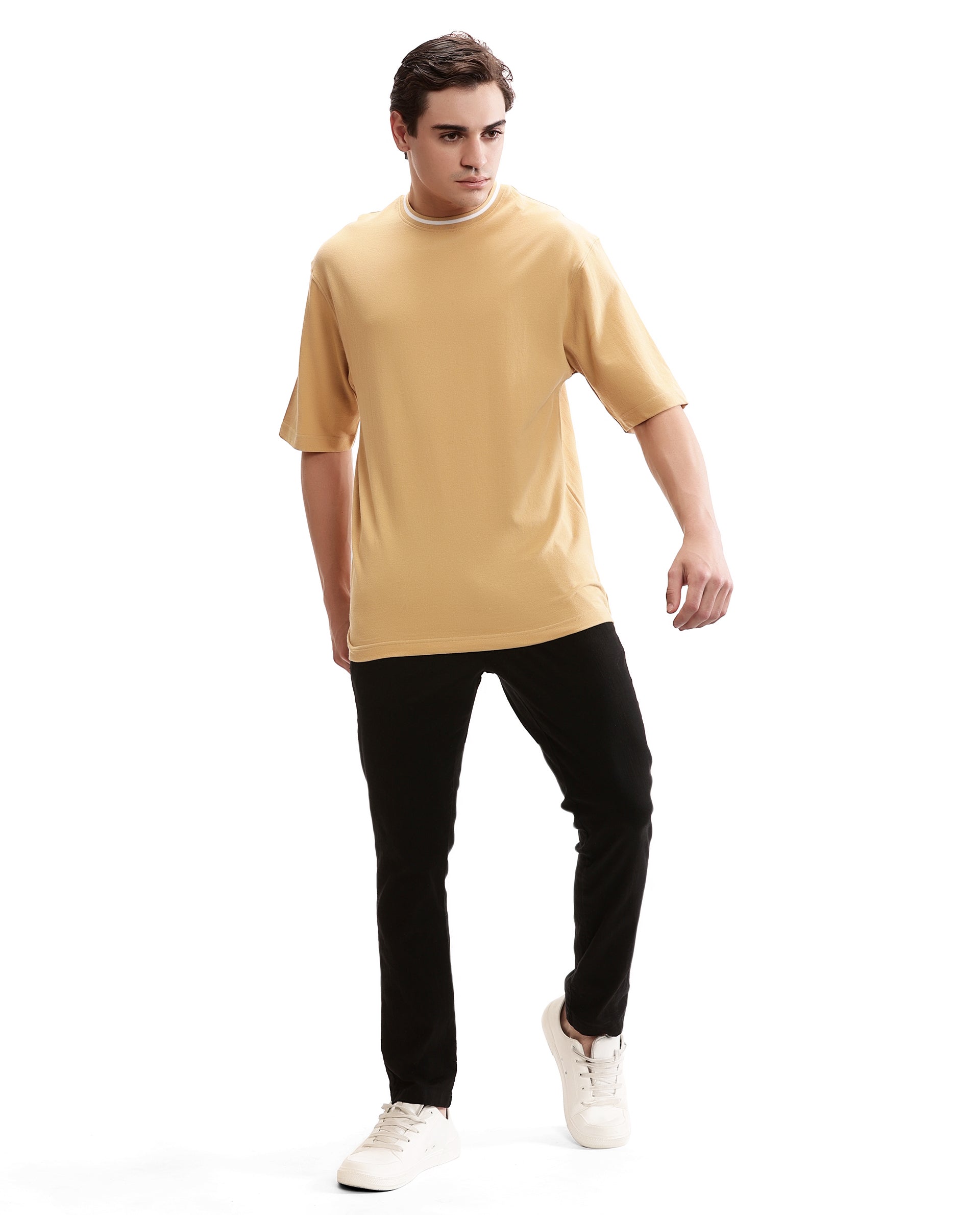Camel Beige Pique Crew Neck Oversized T-Shirt with Pure White Piping
