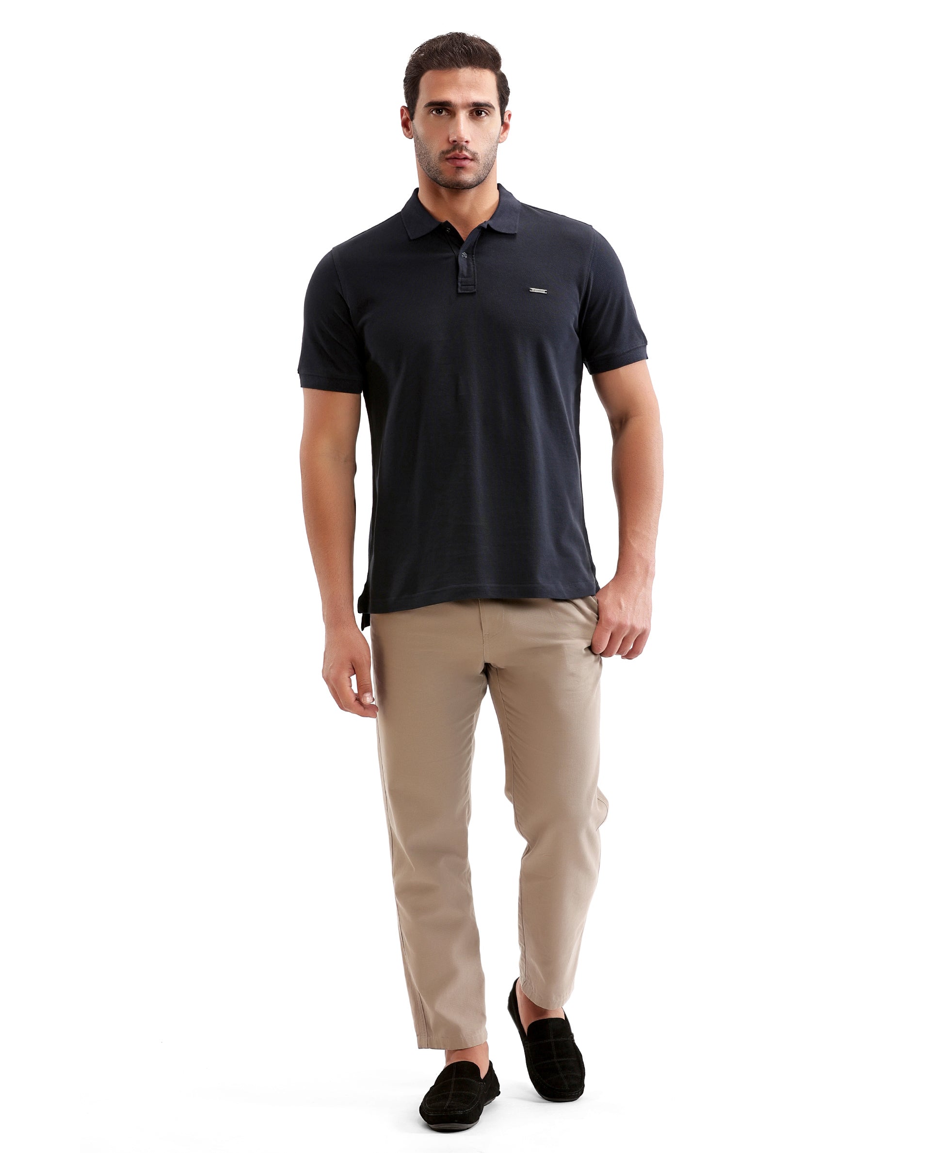 Midnight Navy Blue Pique Polo with 7C Snap Buttons, Metal Badge