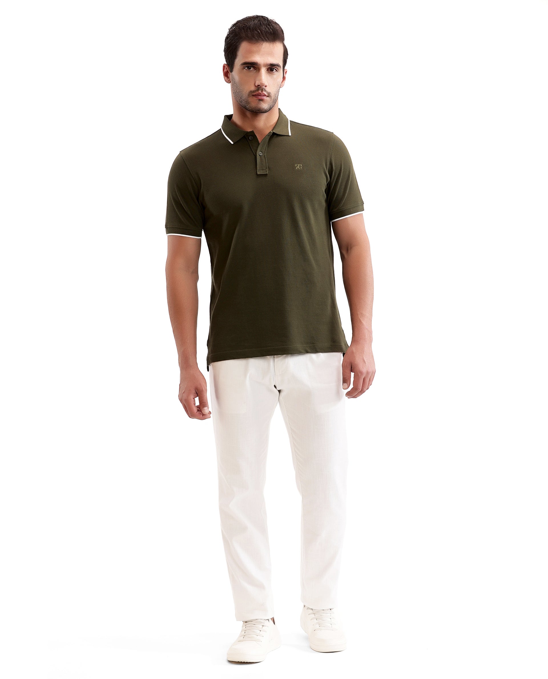 Vintage Olive Pique Polo with White Collar Piping, Tone-on-Tone 7C Embroidery