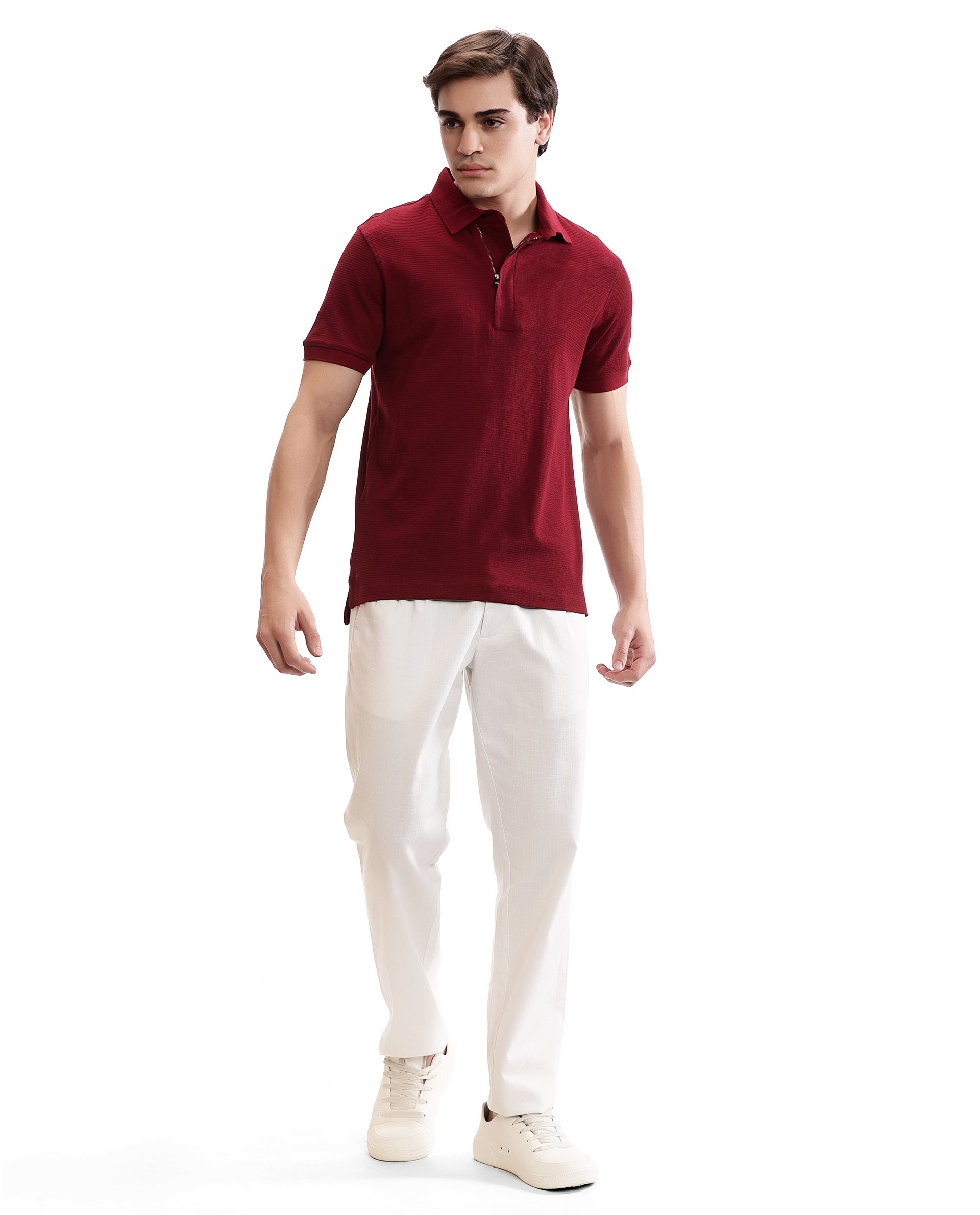 Bordeaux Maroon Knitted Waffle Polo with 7C Metal Zip
