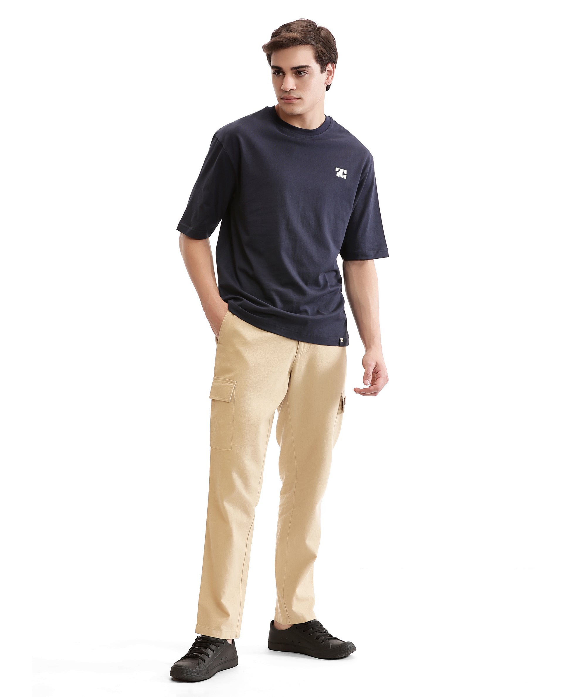 Midnight Navy Blue Single Jersey Crew Neck Oversized T-Shirt with Pure White HD Print