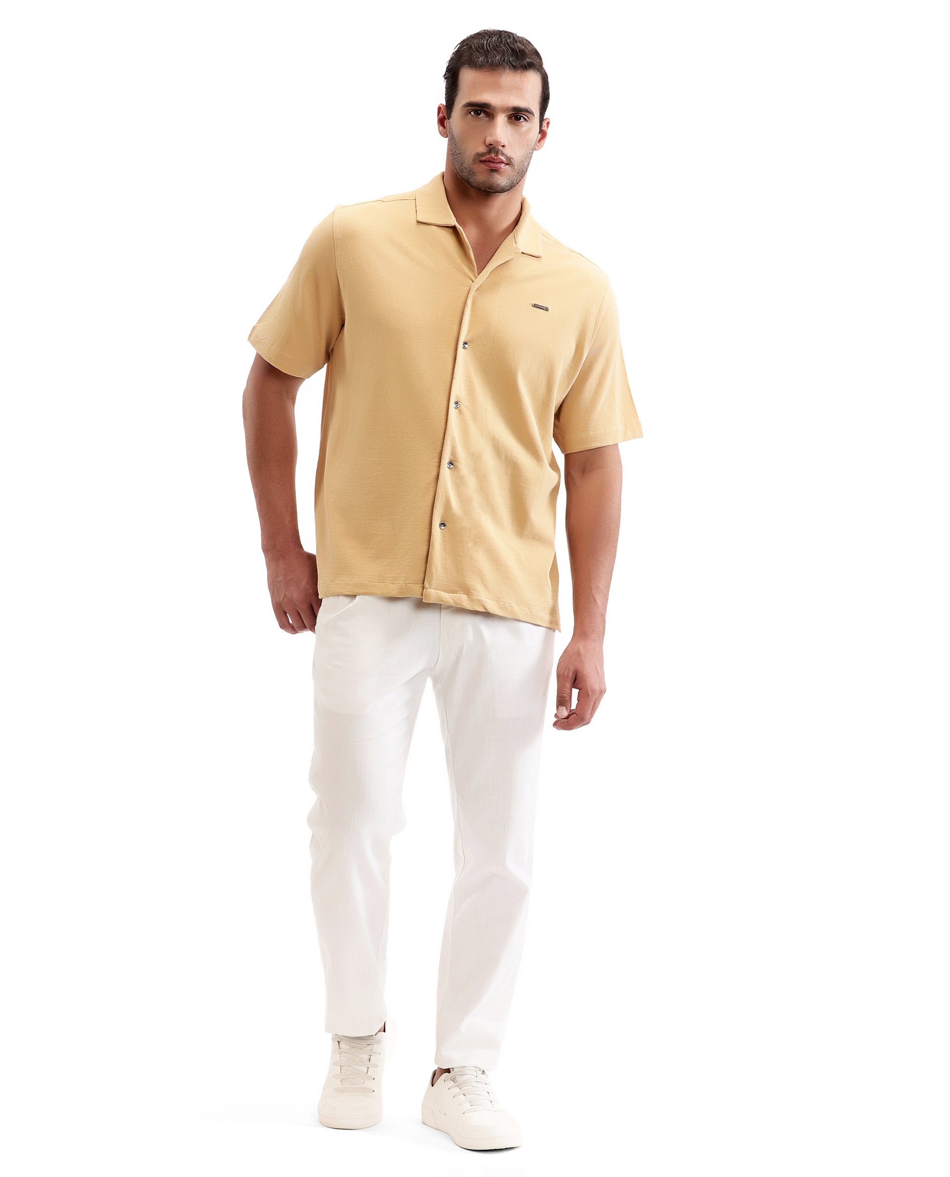 Camel Beige Pique Knit Shirt with 7C Metal Buttons, Gun Metal Badge