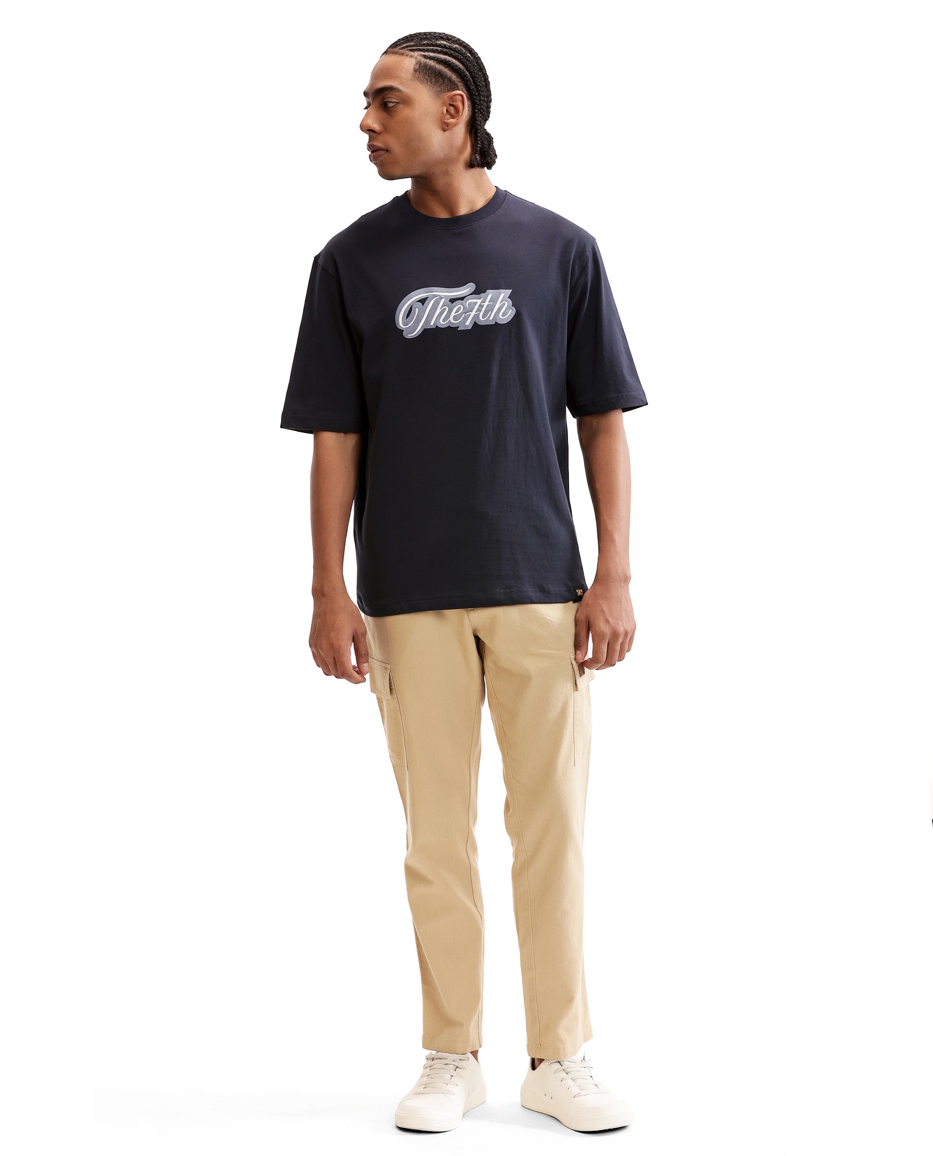 Midnight Navy Blue Single Jersey Crew Neck Oversized T-Shirt with Light Blue Print & Pure White 7C Embroidery