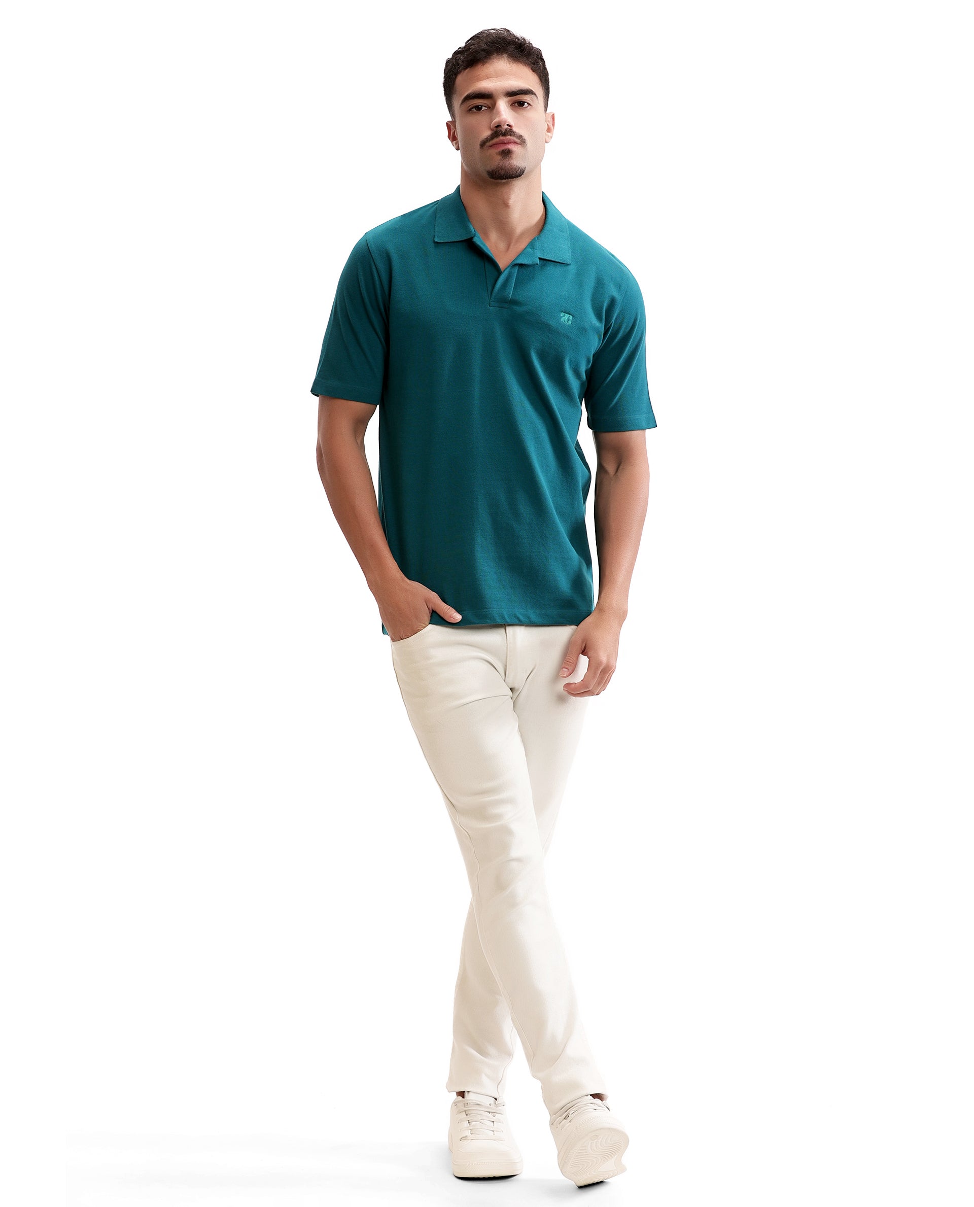 Ocean Teal Johnny Collar Pique Polo with Tone-on-Tone 7C Embroidery