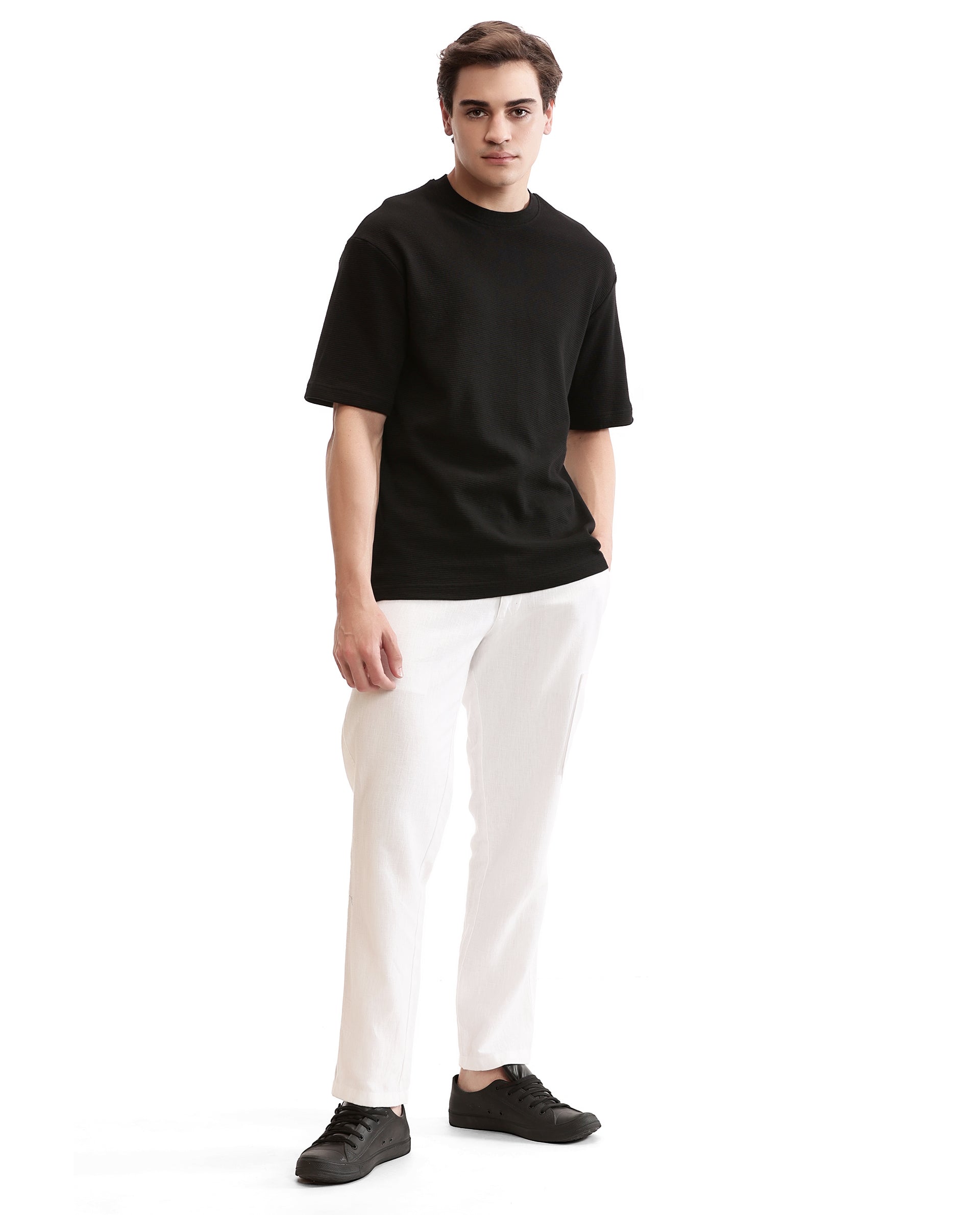 Charcoal Black Knitted Ottoman Crew Neck Oversized T-Shirt