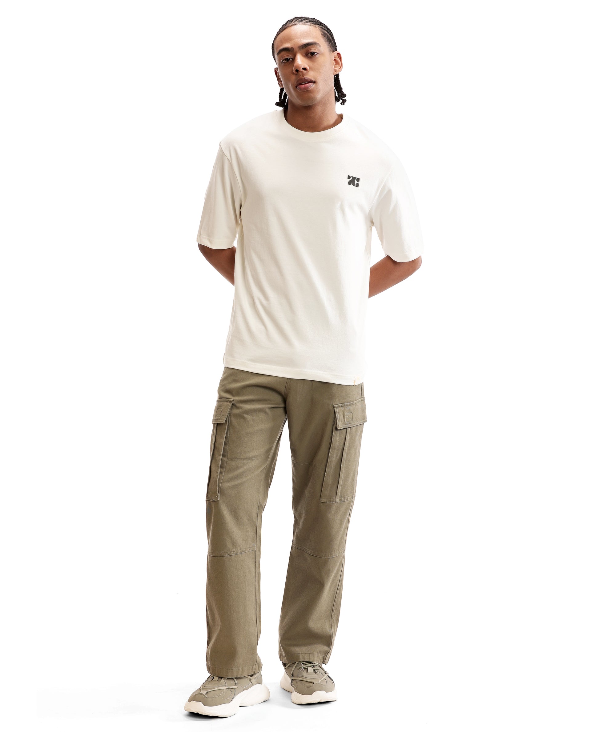 Ivory White Single Jersey Crew Neck Oversized T-Shirt with Charcoal Black HD Print