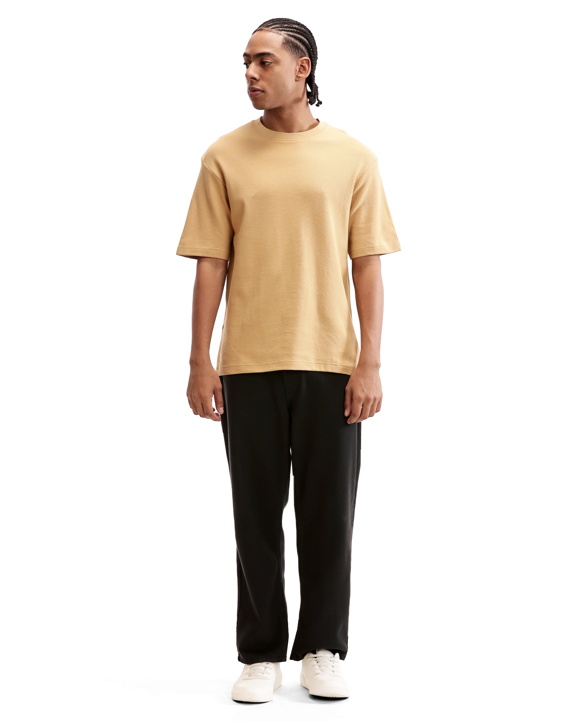 Camel Beige Knitted Ottoman Crew Neck Oversized T-Shirt