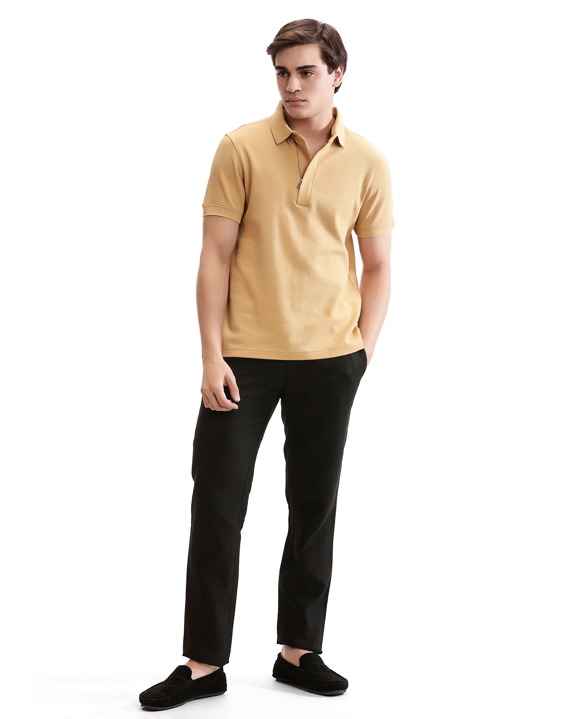 Camel Beige Knitted Ottoman Polo with Ribbed Collar