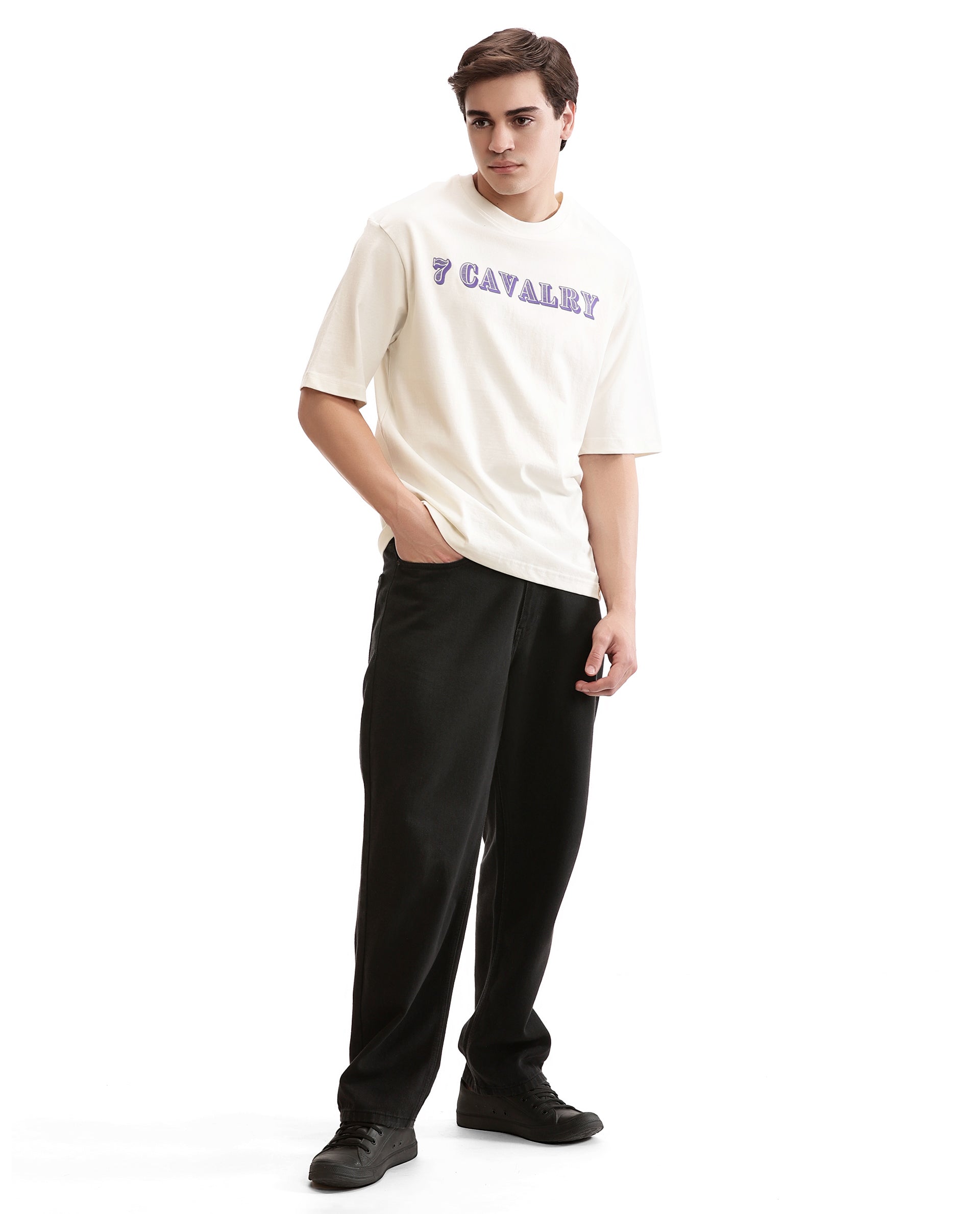 Ivory White Single Jersey Crew Neck Oversized T-Shirt with Deep Purple HD Print