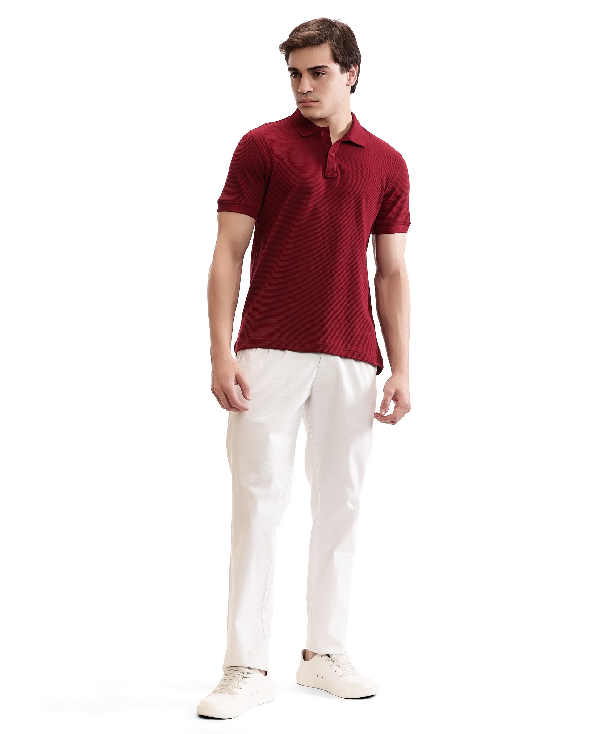 Bordeaux Maroon Knitted Ottoman Polo with Ribbed Collar