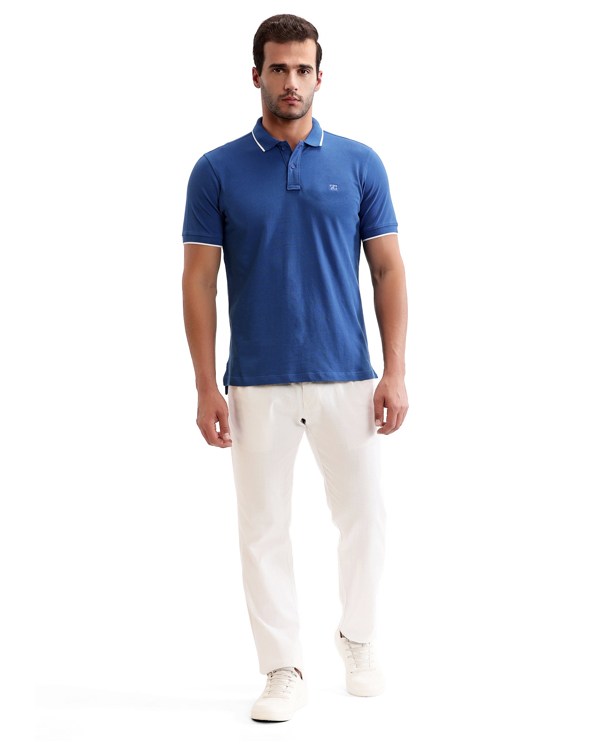 Imperial Prussian Blue Pique Polo with White Collar Piping, Tone-on-Tone 7C Embroidery
