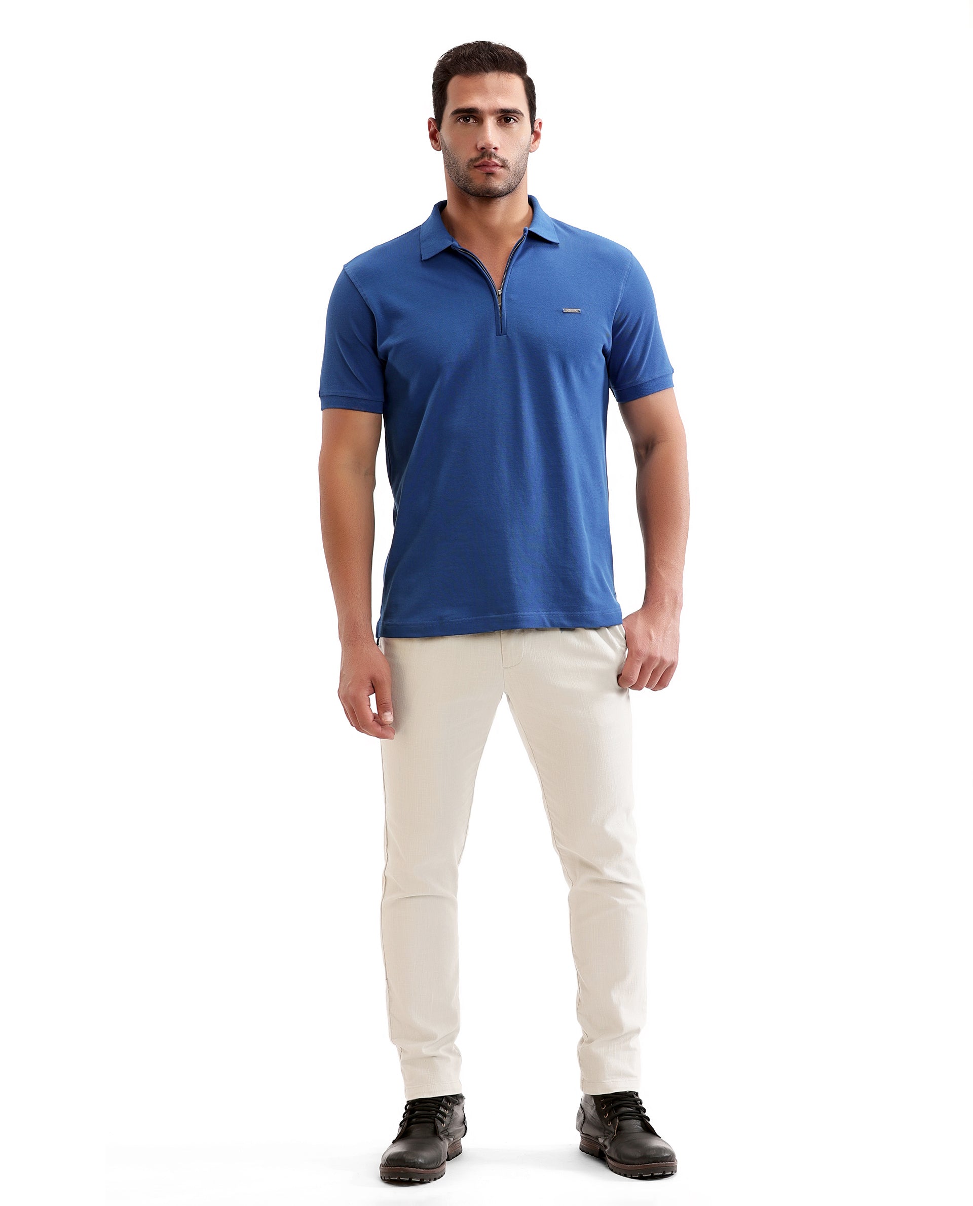 Imperial Prussian Blue Pique Polo with 7C Metal Zip, Metal Badge