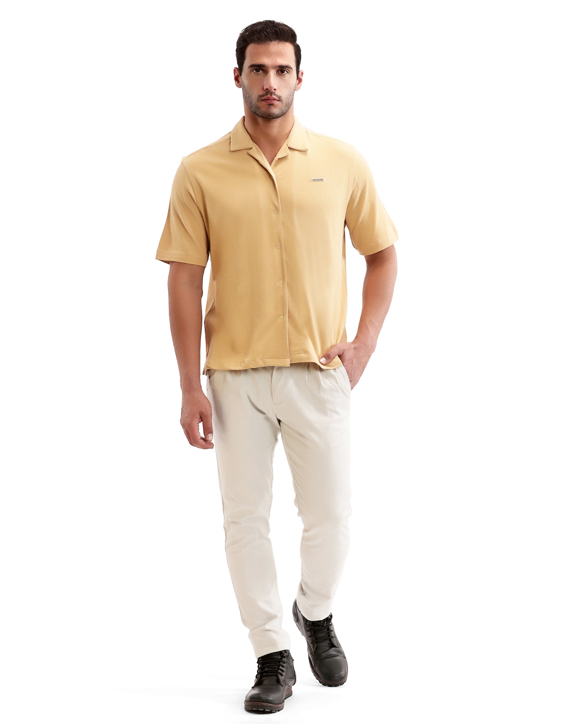 Camel Beige Pique Knit Shirt with 7C Engraved Snap Buttons, Gun Metal Badge