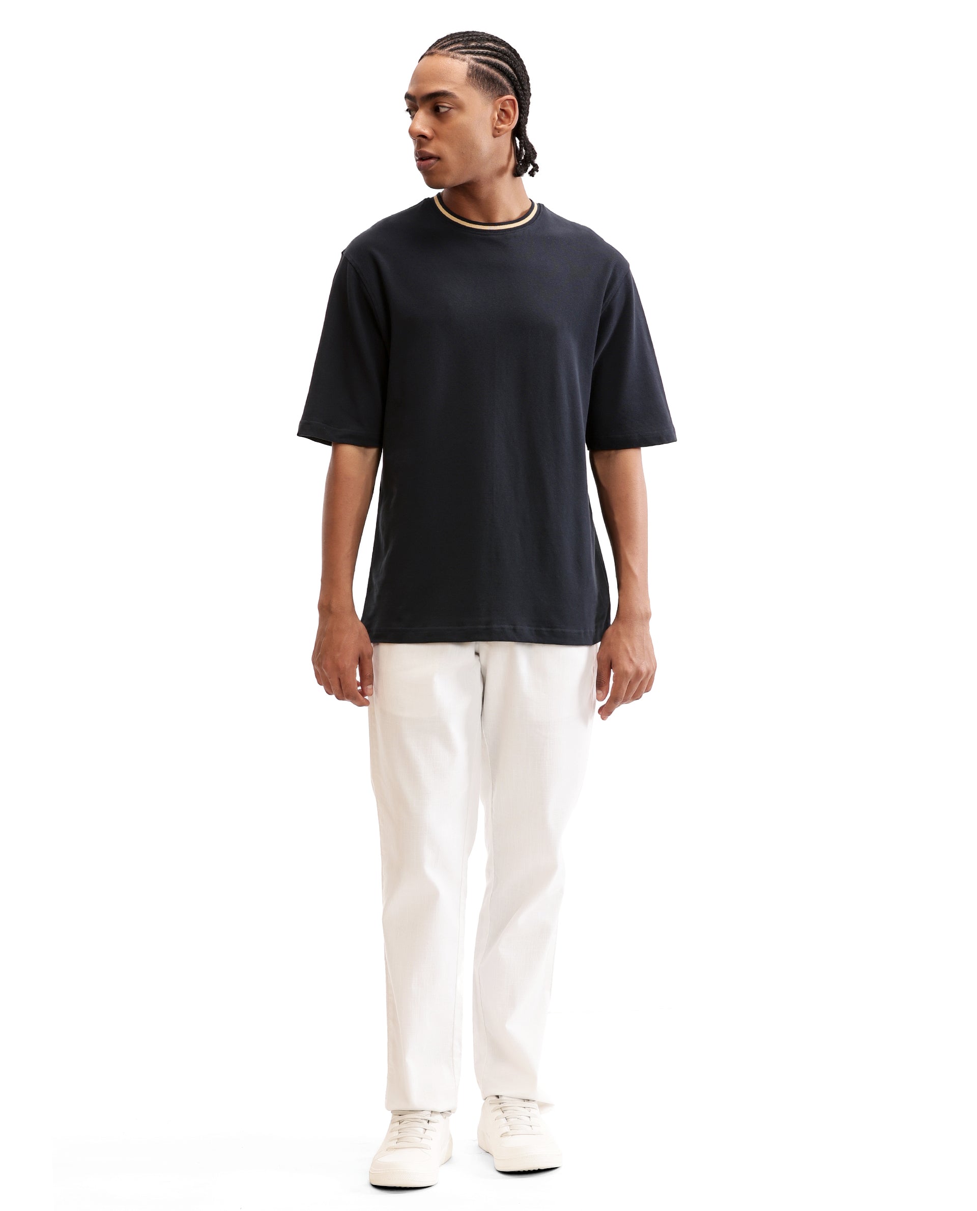Midnight Navy Blue Pique Crew Neck Oversized T-Shirt with Camel Beige Piping