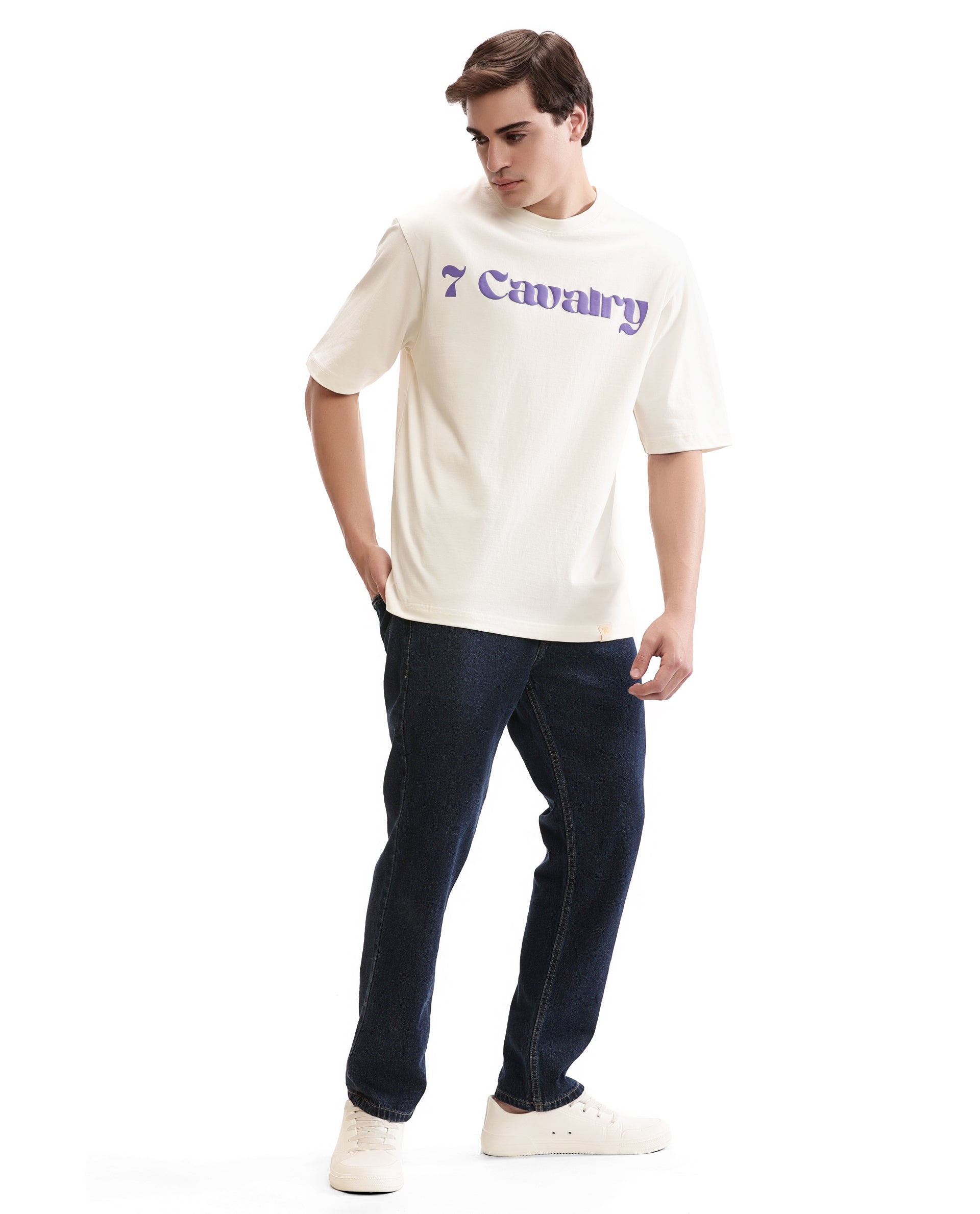 Ivory White Single Jersey Crew Neck Oversized T-Shirt with Deep Purple Puff Print