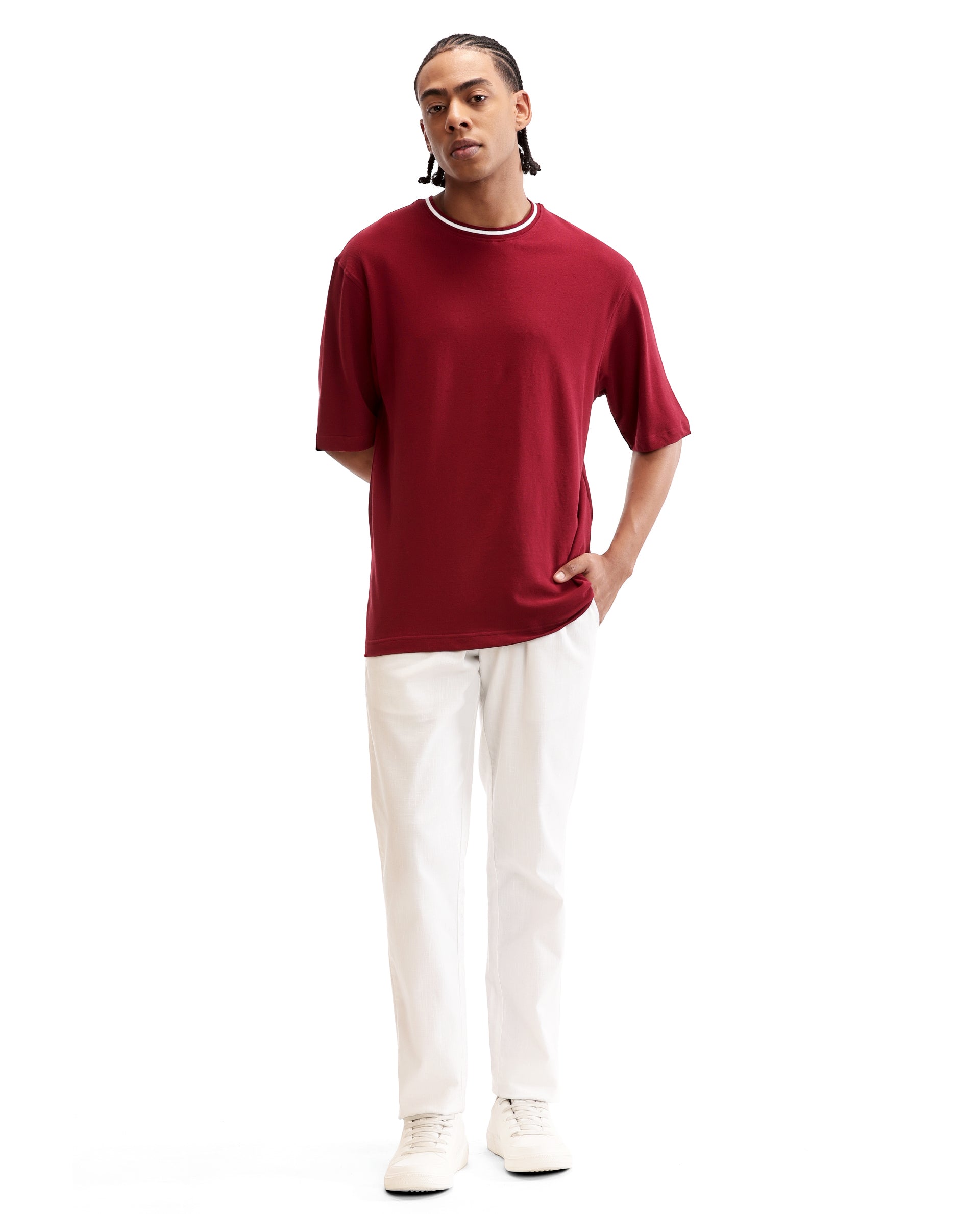 Bordeaux Maroon Pique Crew Neck Oversized T-Shirt with Pure White Piping