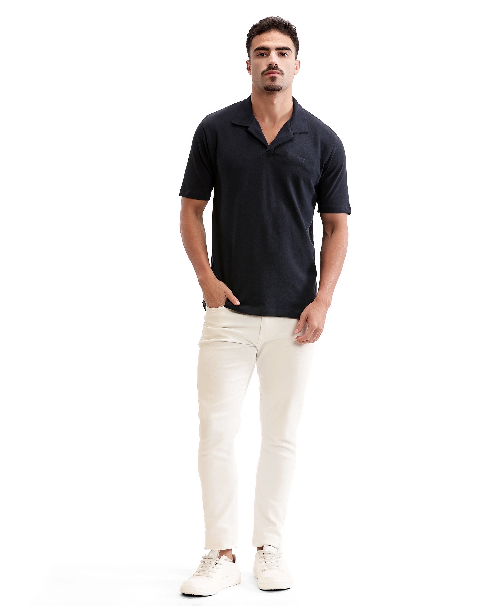 Midnight Navy Blue Johnny Collar Pique Polo with Tone-on-Tone 7C Embroidery