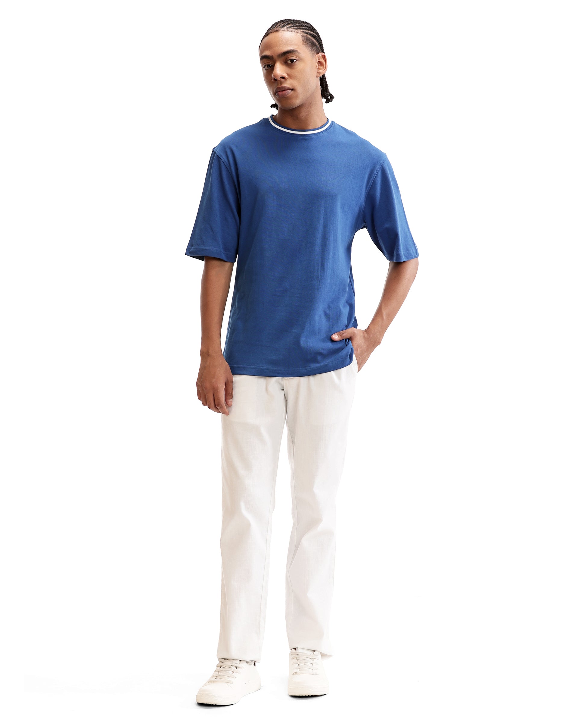Imperial Prussian Blue Pique Crew Neck Oversized T-Shirt with Pure White Piping