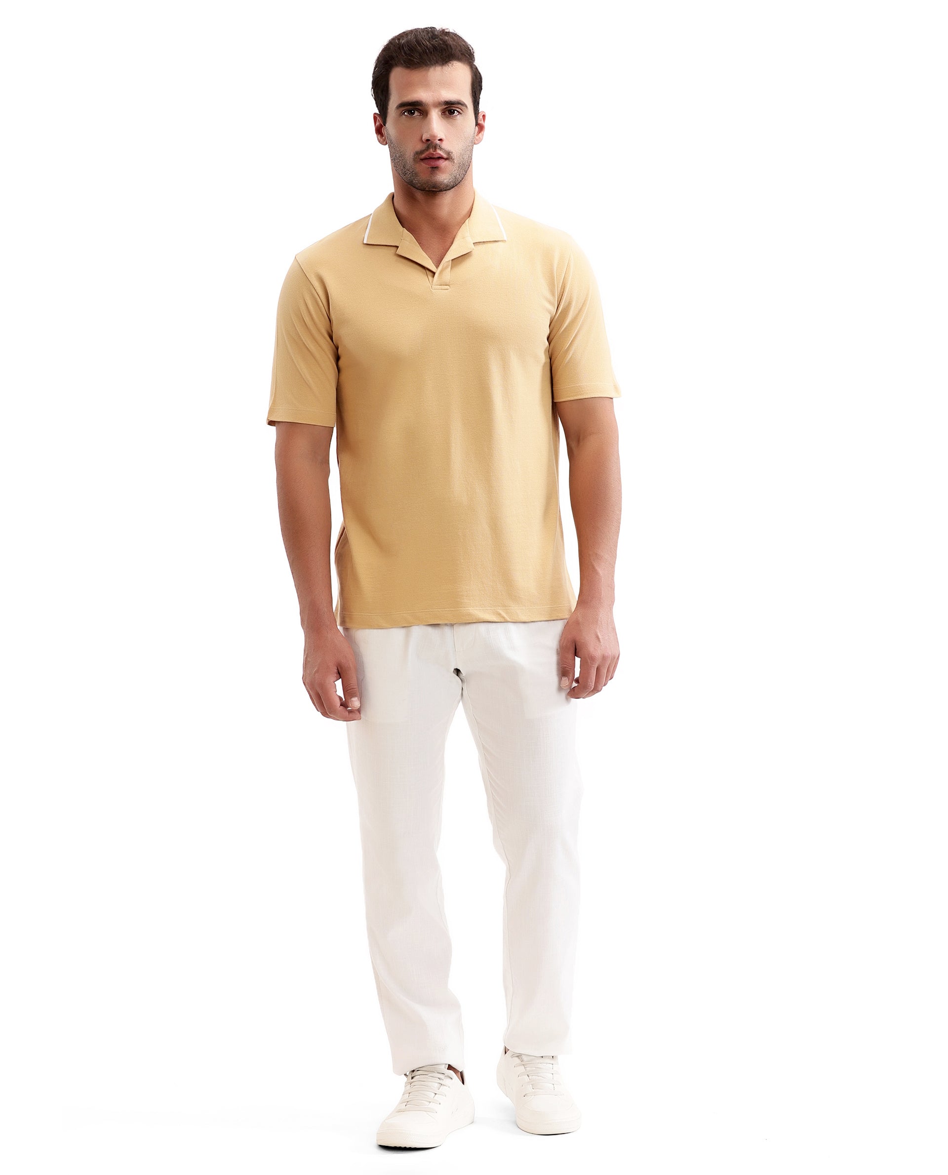 Camel Beige Johnny Collar Pique Polo with White Collar Piping