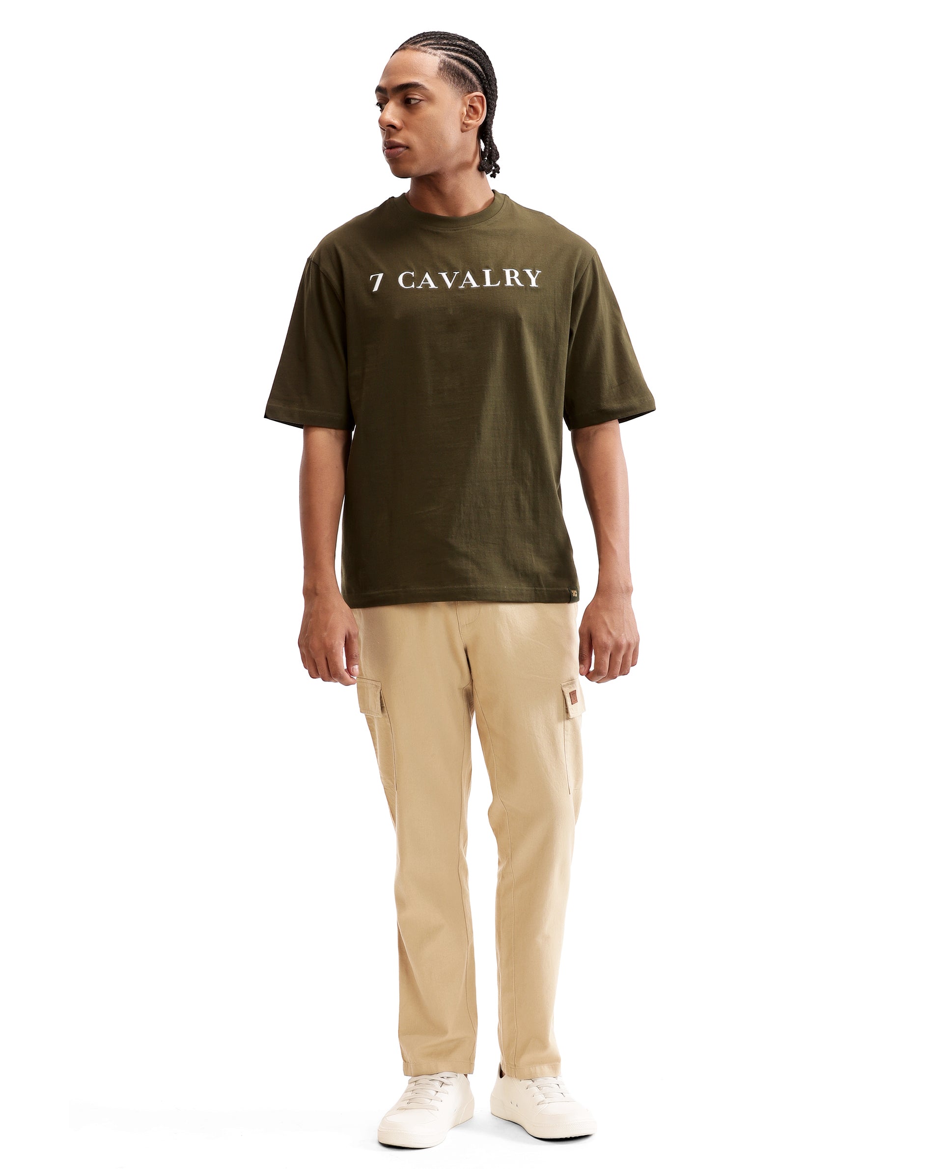 Vintage Olive Single Jersey Crew Neck Oversized T-Shirt with Pure White Embroidery