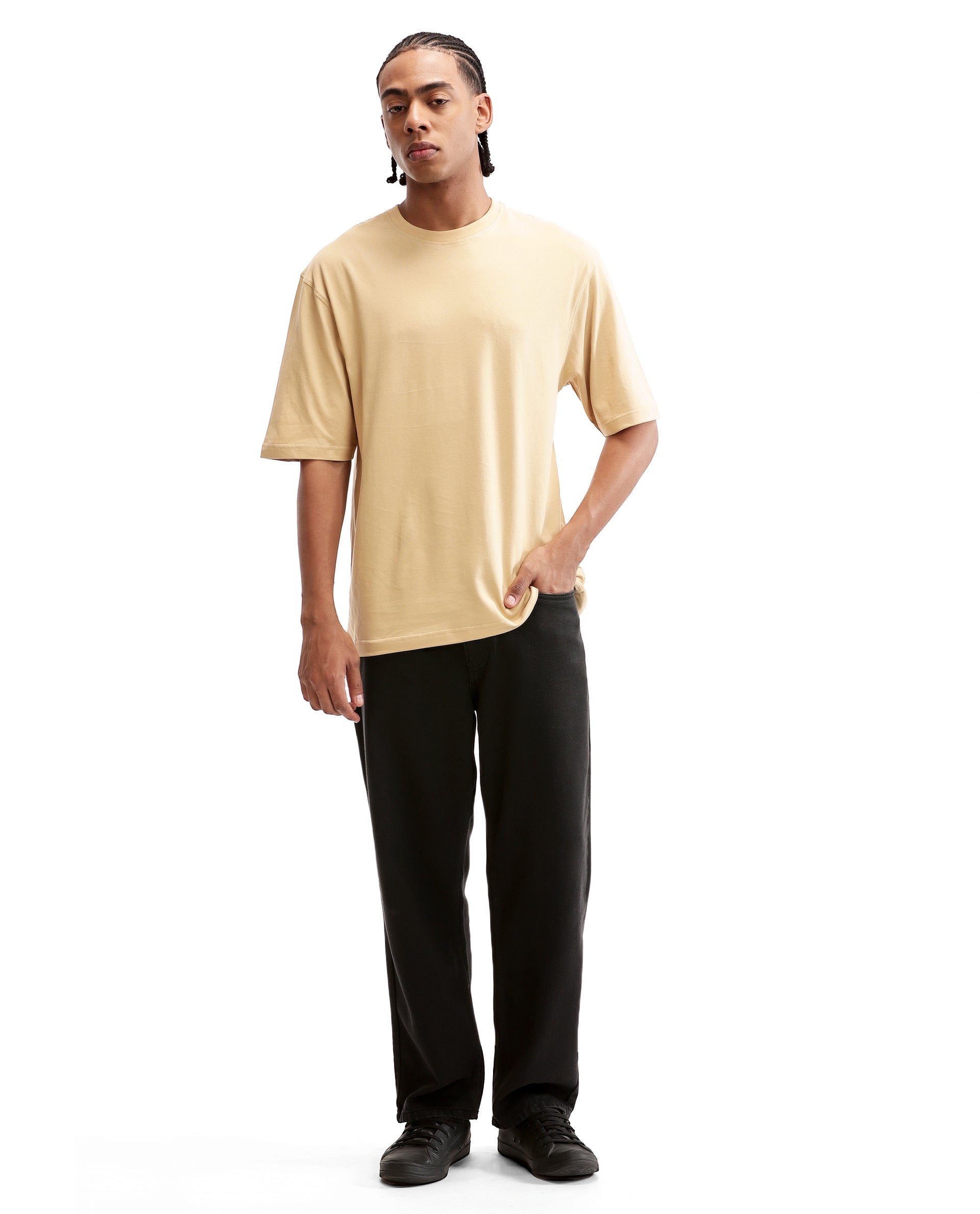 Camel Beige Single Jersey Crew Neck Oversized T-Shirt