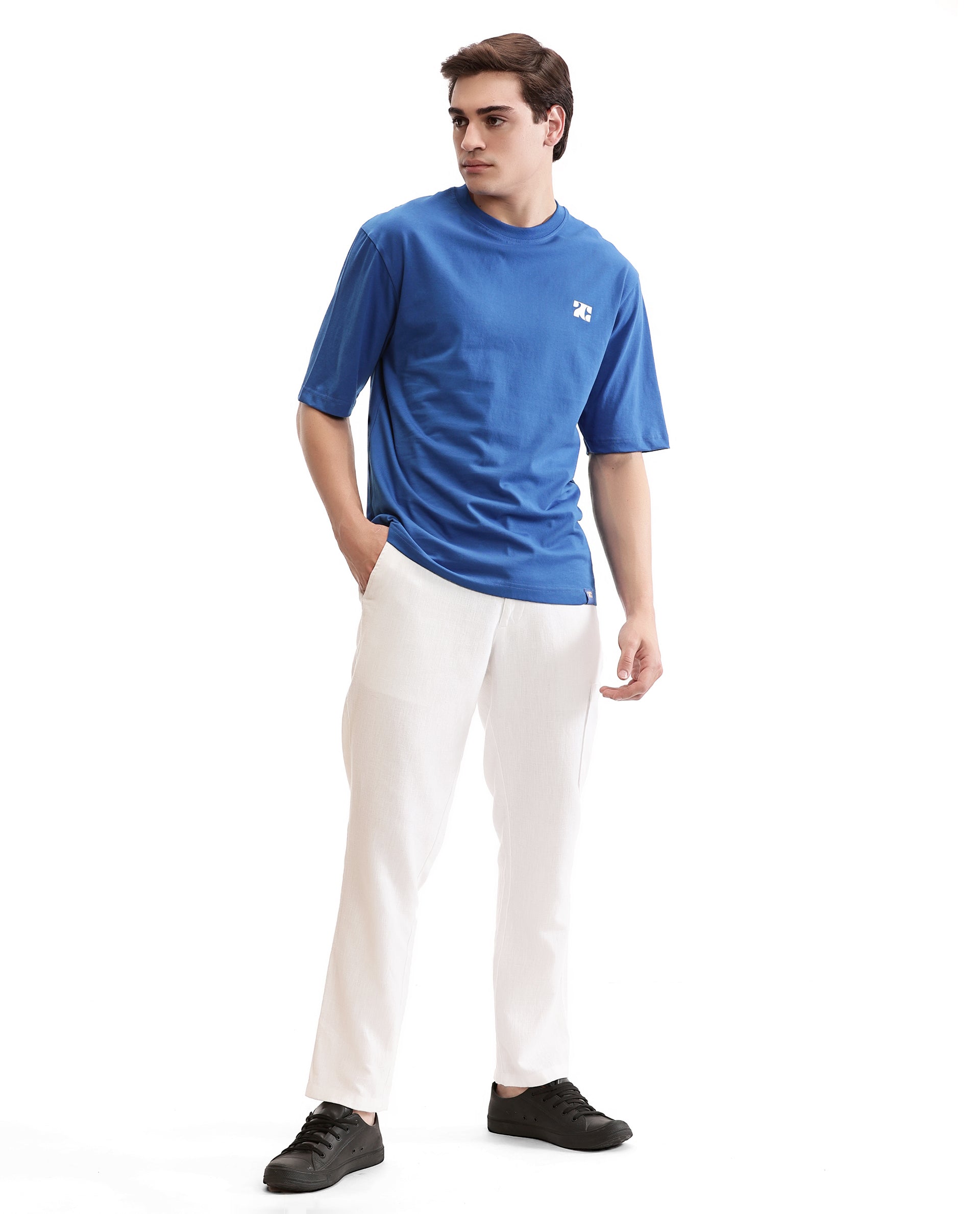 Imperial Prussian Blue Single Jersey Crew Neck Oversized T-Shirt with Pure White HD Print