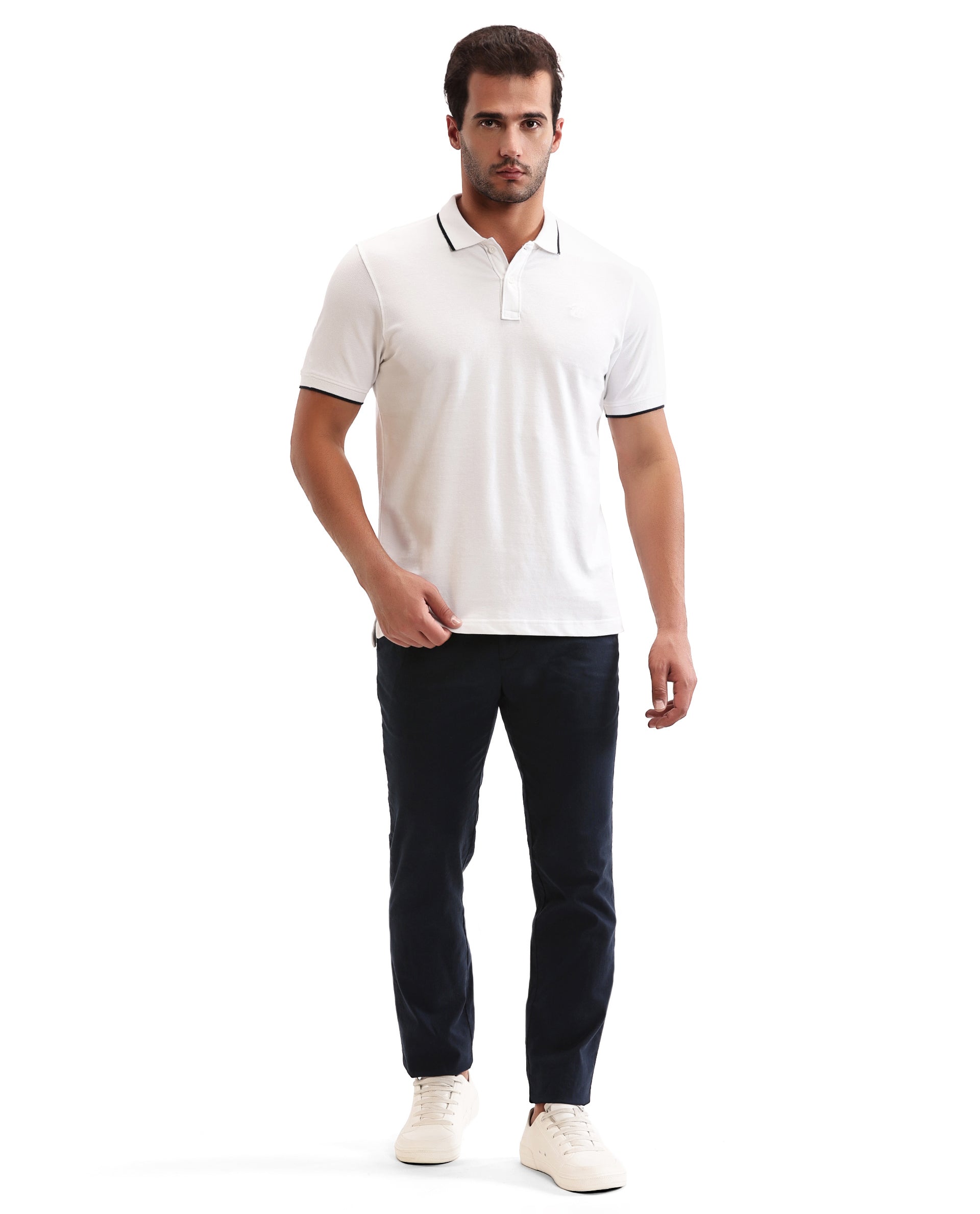 Pure White Pique Polo with Midnight Navy Blue Collar Piping, Tone-on-Tone 7C Embroidery