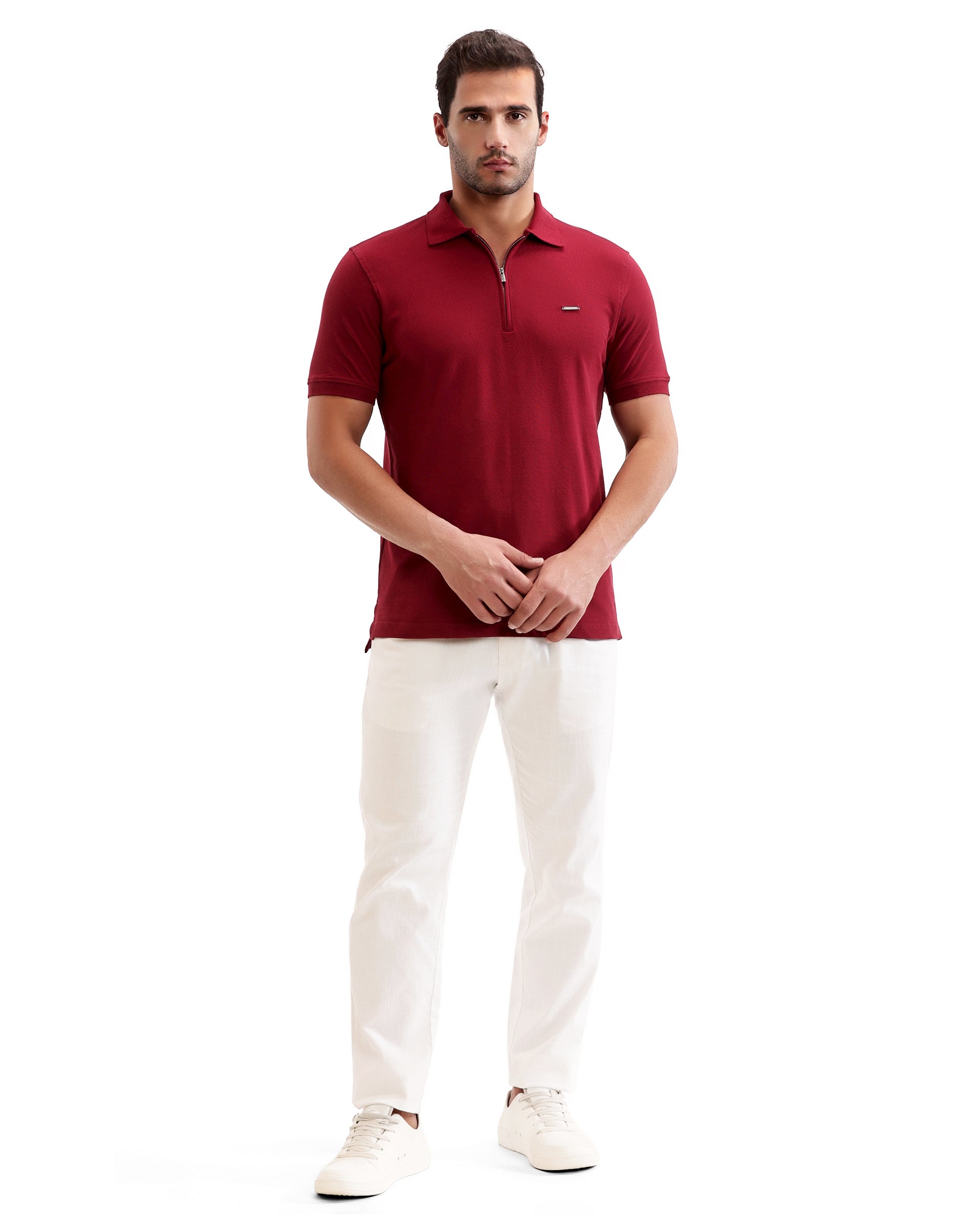 Bordeaux Maroon Pique Polo with 7C Metal Zip, Metal Badge