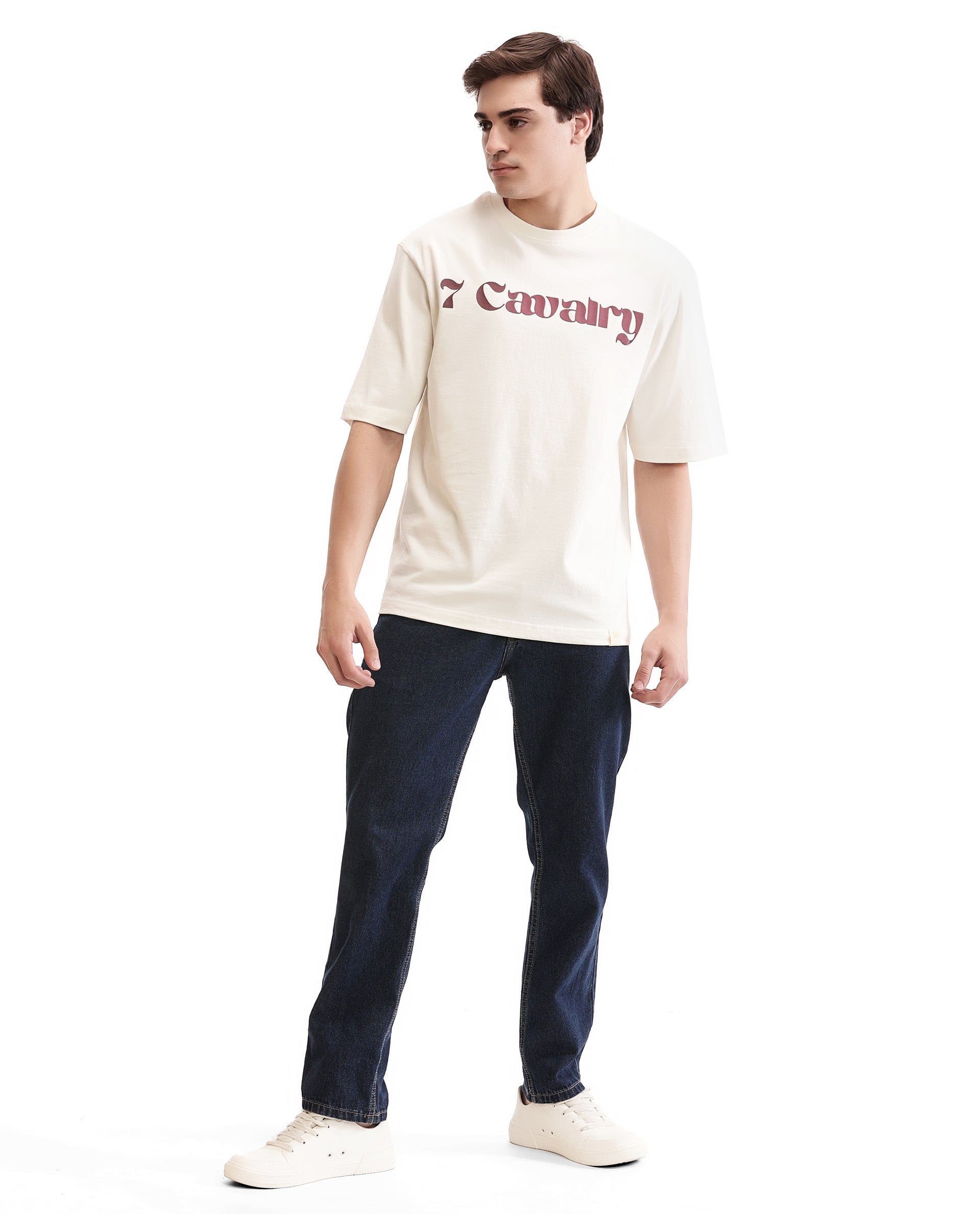 Ivory White Single Jersey Crew Neck Oversized T-Shirt with Bordeaux Maroon Puff Print