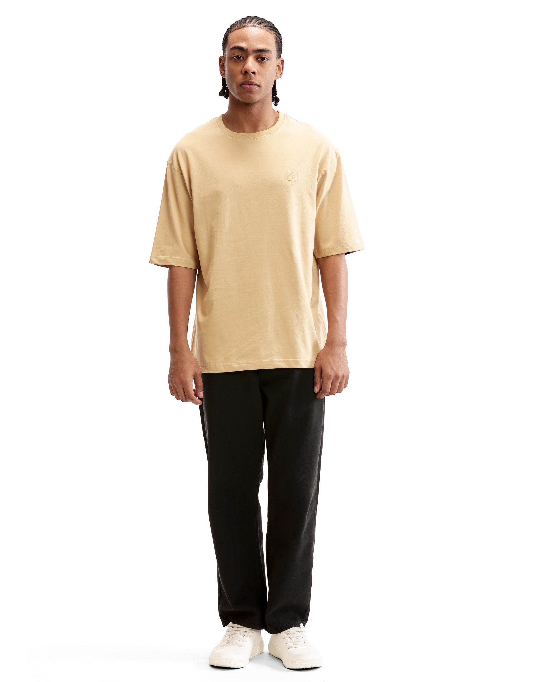 Camel Beige Single Jersey Crew Neck Oversized T-Shirt with 7C Premium Rubber Badge
