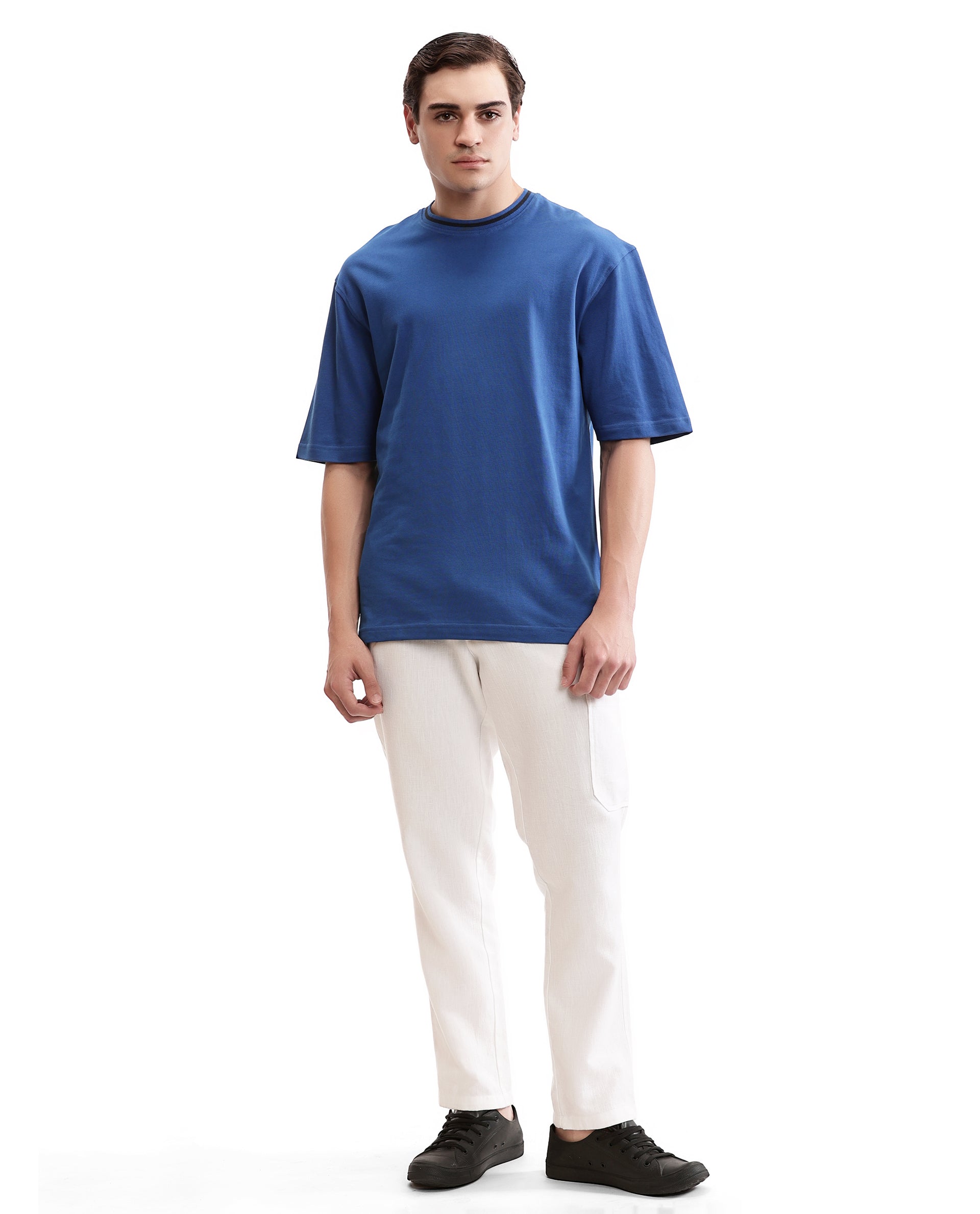Imperial Prussian Blue Pique Crew Neck Oversized T-Shirt with Midnight Navy Blue Piping
