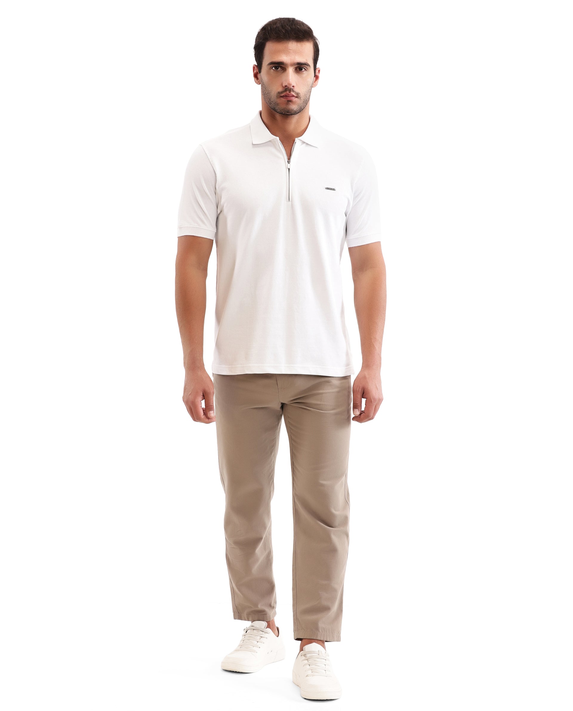 Pure White Pique Polo with 7C Metal Zip, Metal Badge