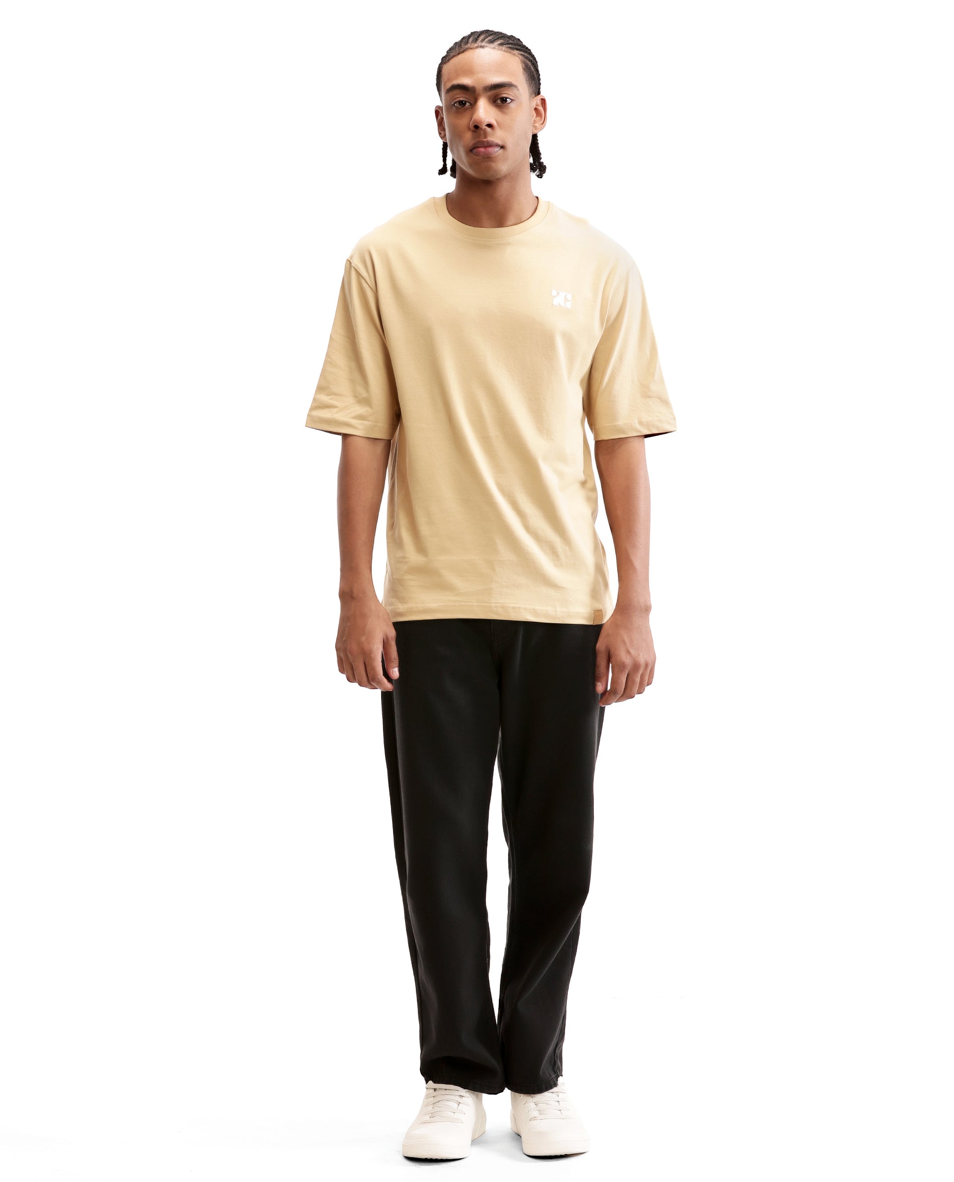 Camel Beige Single Jersey Crew Neck Oversized T-Shirt with Pure White HD Print