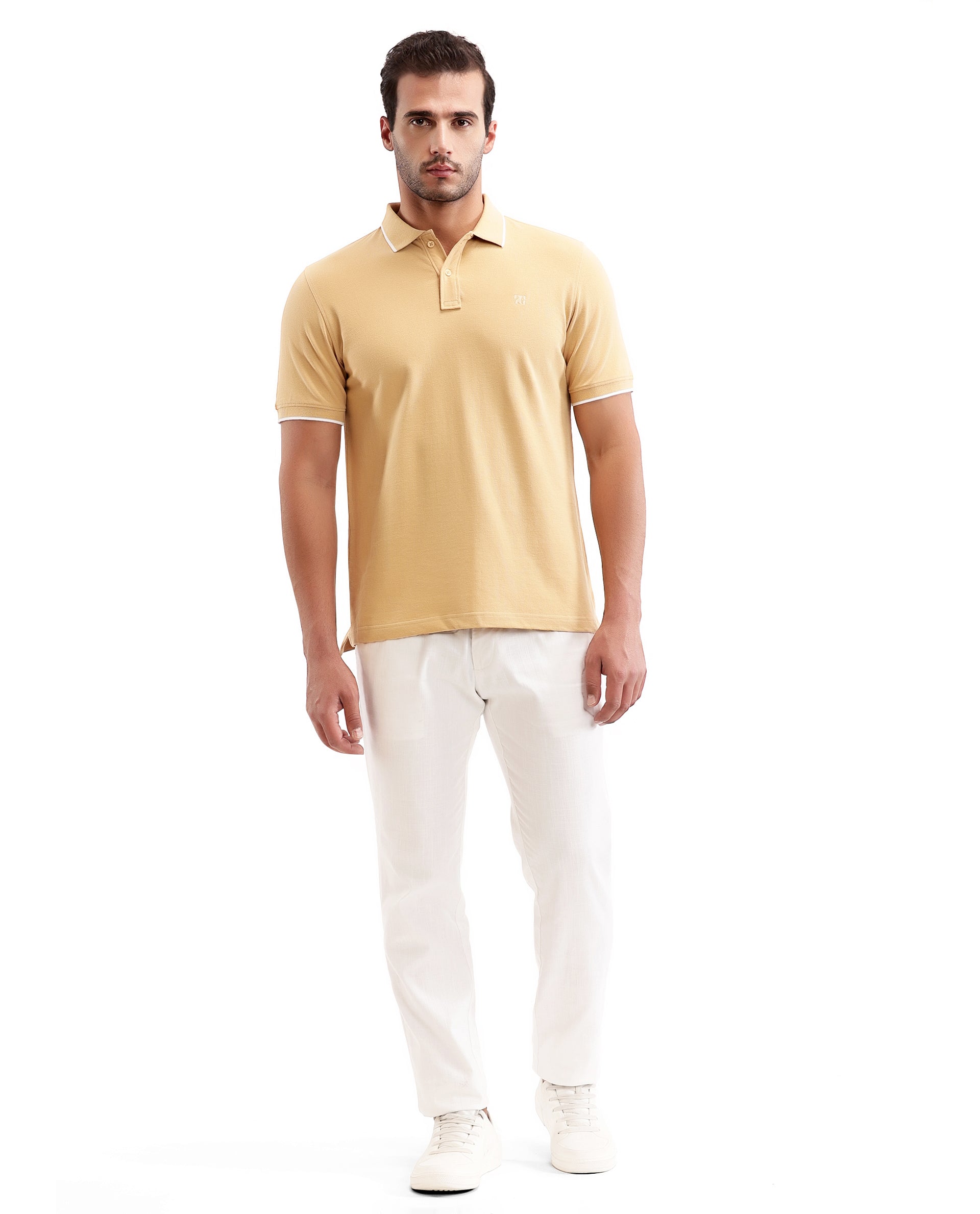 Camel Beige Pique Polo with White Collar Piping, Tone-on-Tone 7C Embroidery